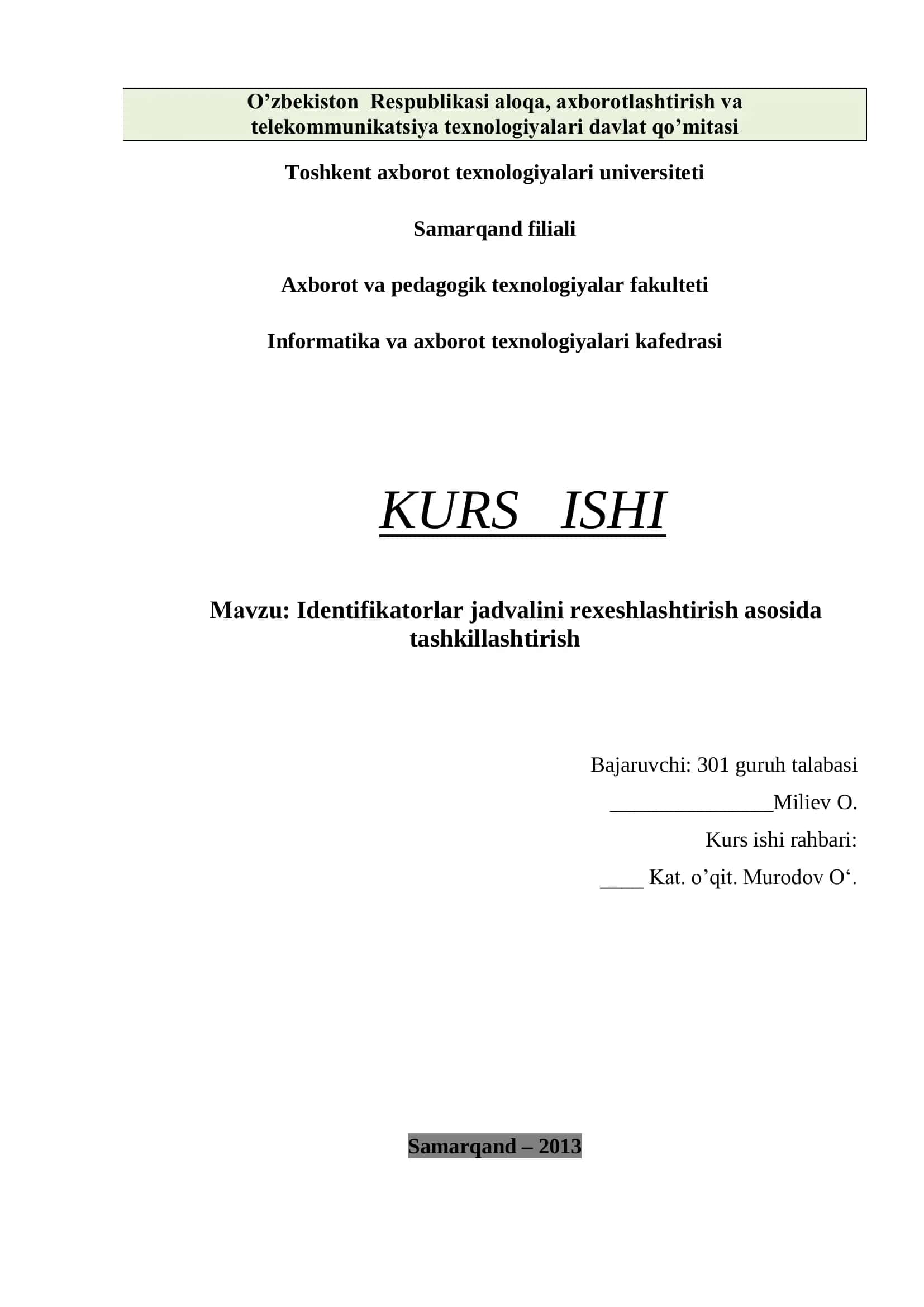 Identifikatorlar jadvalini rexeshlashtirish asosida tashkillashtirish 1