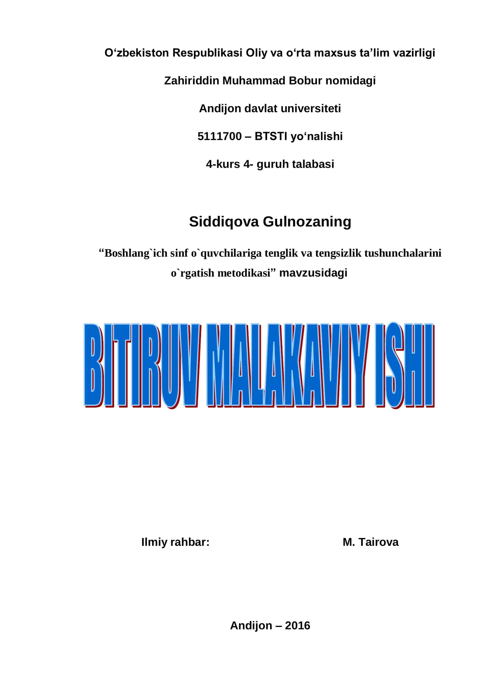 Boshlang`ich sinf o`quvchilariga tenglik va tengsizlik tushunchalarini o`rgatish metodikasi 1