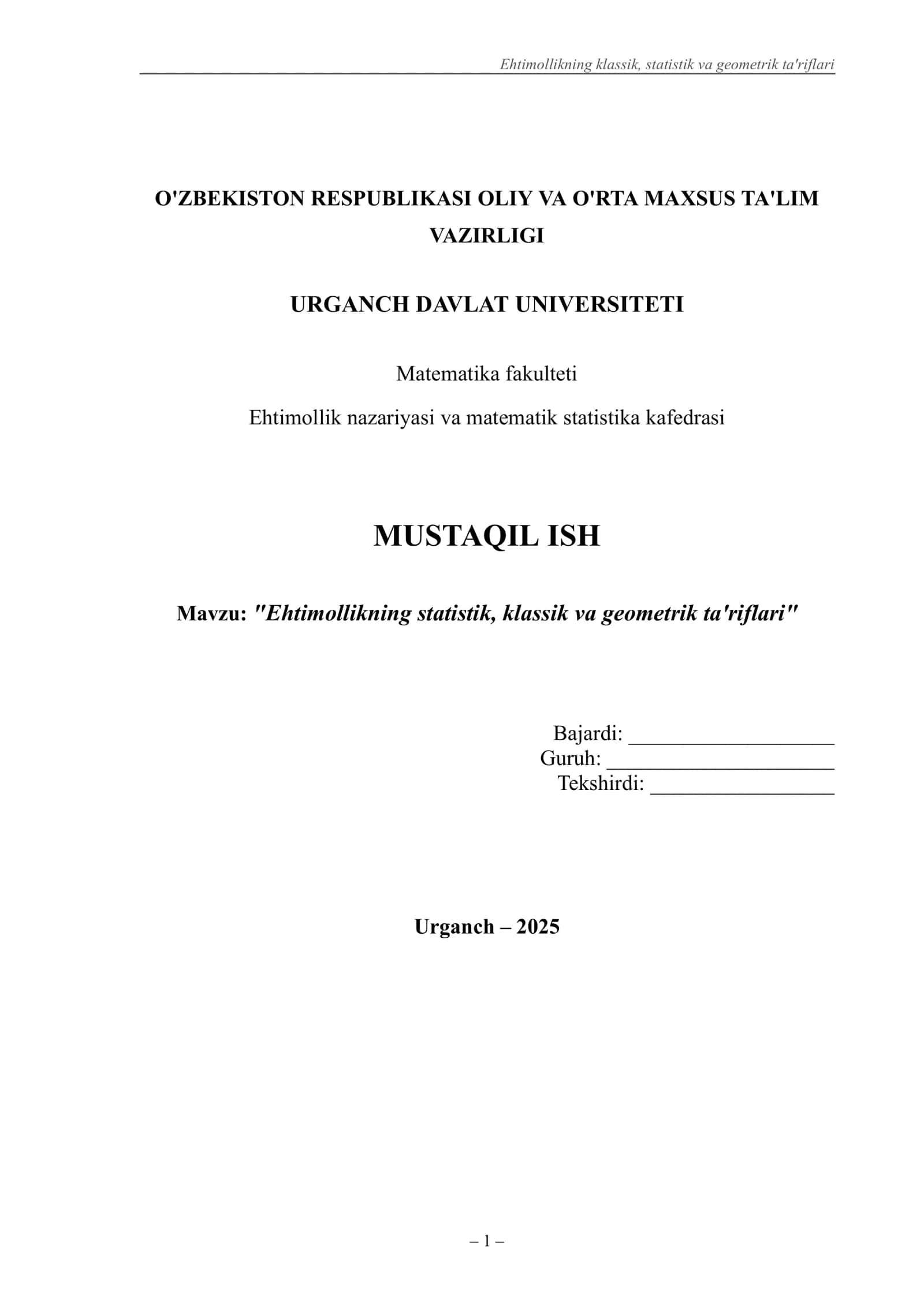 Ehtimollikning klassik, statistik va geometrik ta'riflari 1