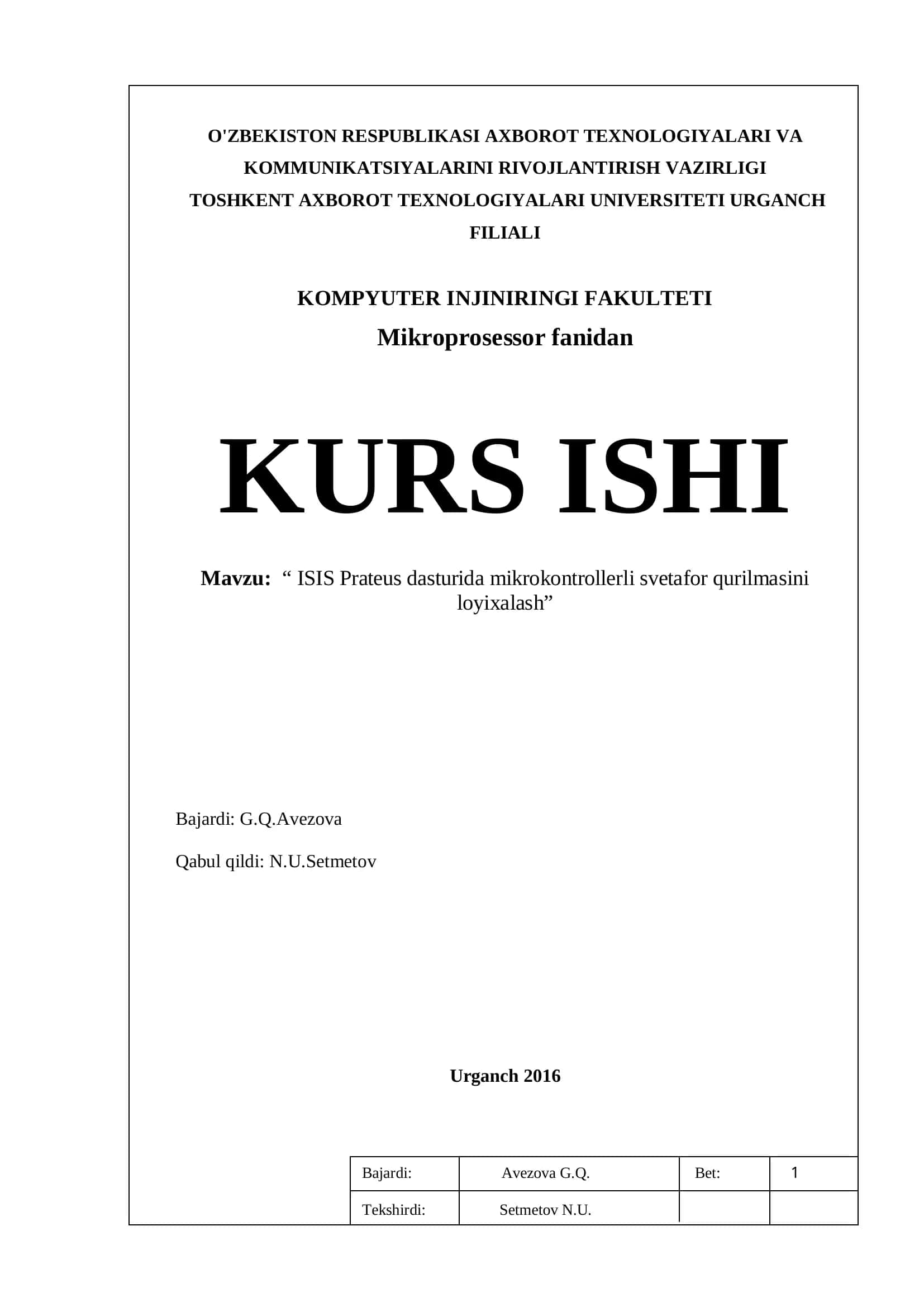 ISIS Prateus dasturida mikrokontrollerli svetafor qurilmasini loyixalash 1