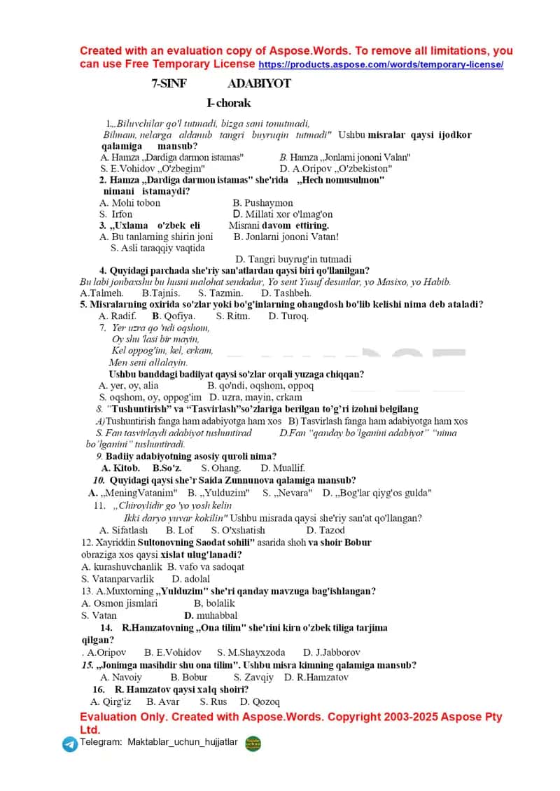 Adabiyot 7-sinf chorak test 1