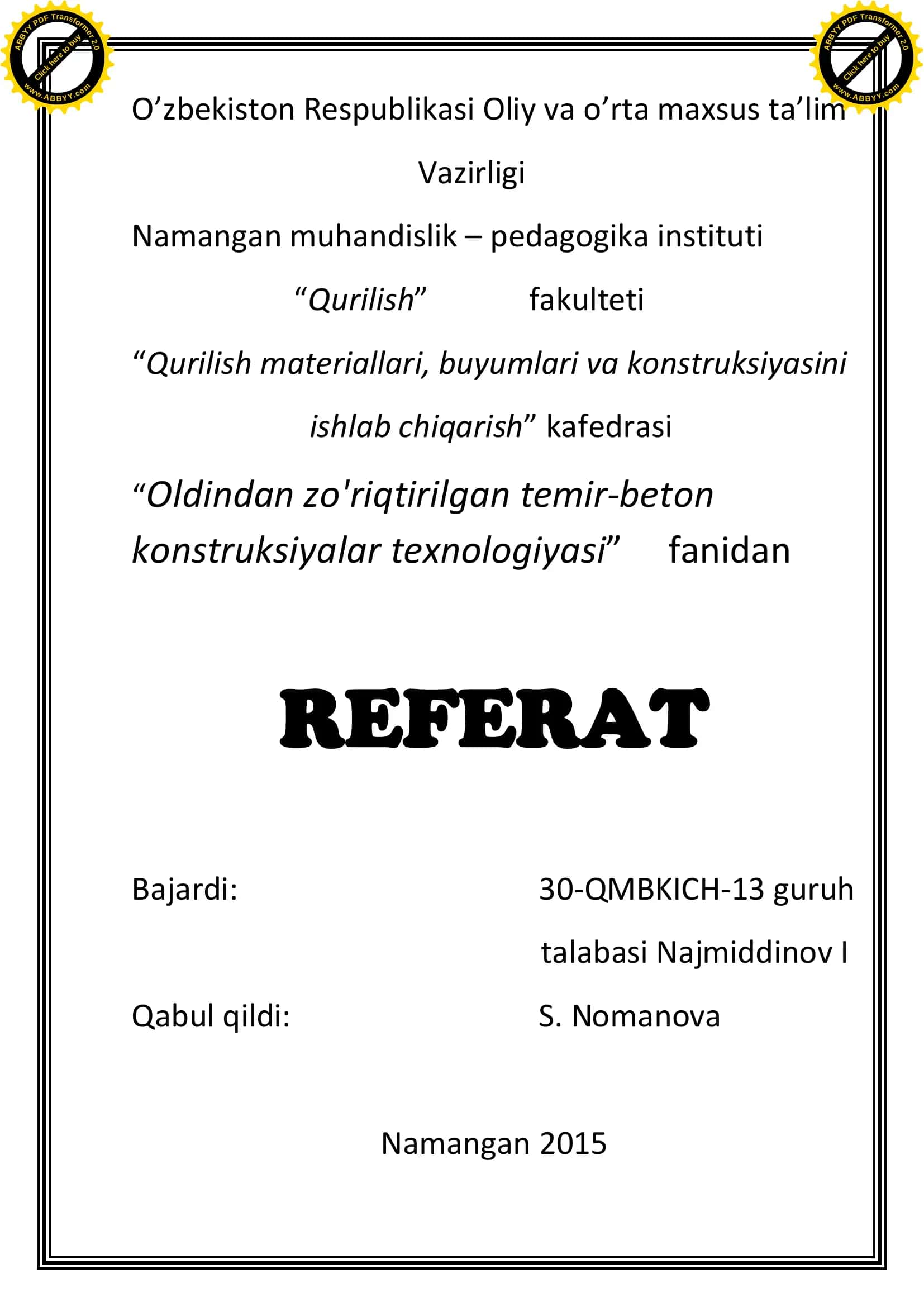 Oldindan zo'riqtirilgan temir-beton xaqida ma'lumotlar 1