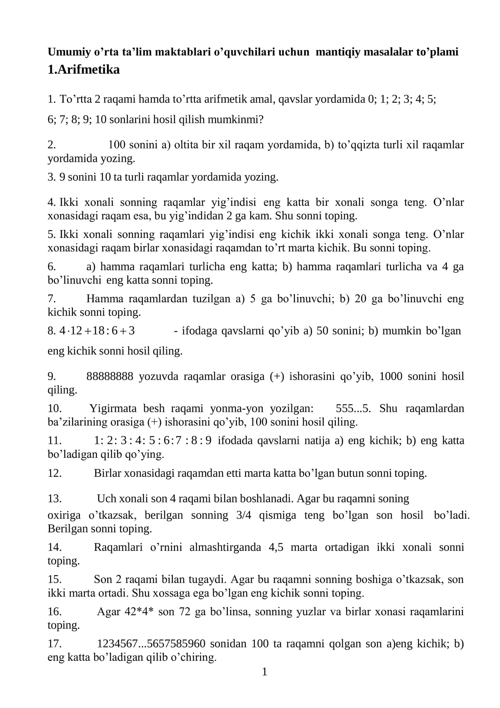 Umumiy o’rta ta’lim maktablari o’quvchilari uchun  mantiqiy masalalar to’plami 1