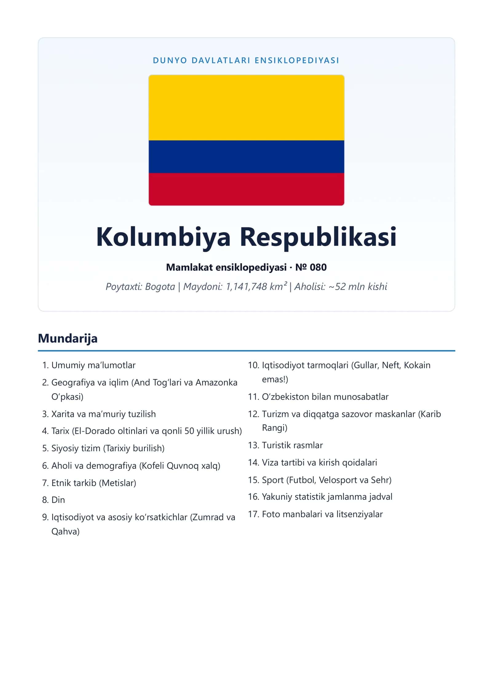 DUNYODAVLATLARI ENSIKLOPEDIYASI Kolumbiya Respublikasi 1