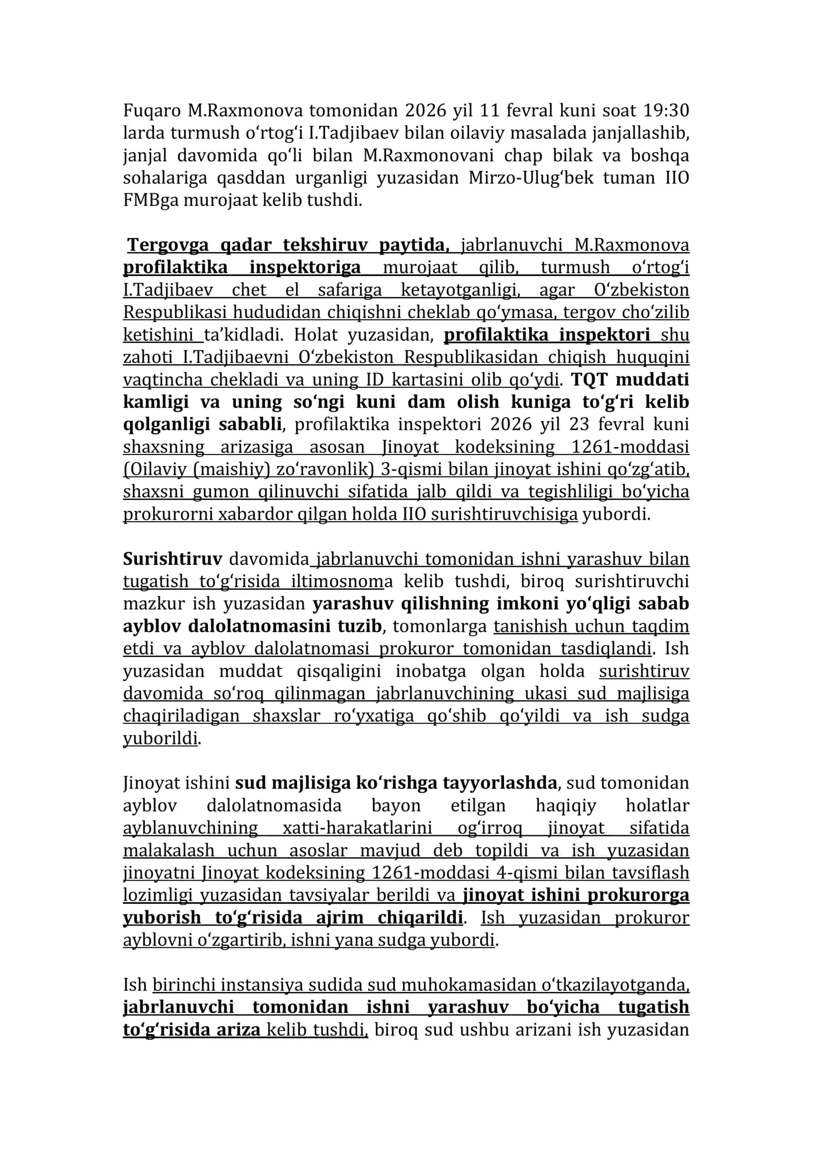 Jinoyat protsessual huquqidan yakuniy nazorati -kazusi 2026 yil 1