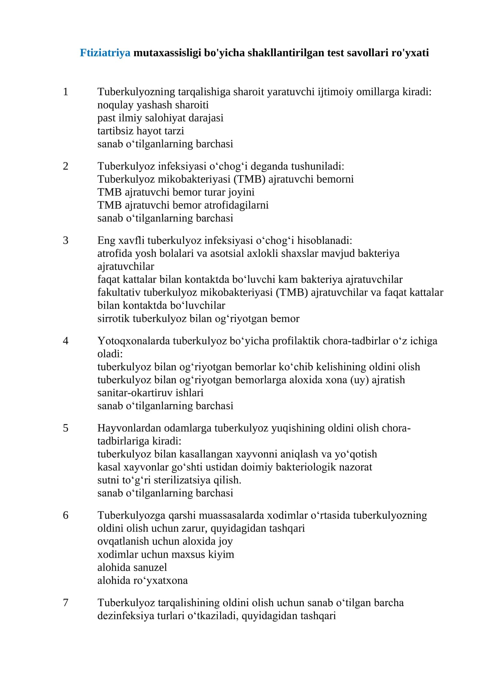 Ftiziatriya mutaxassisligi bo'yicha shakllantirilgan test savollari ro'yxati  2026 1