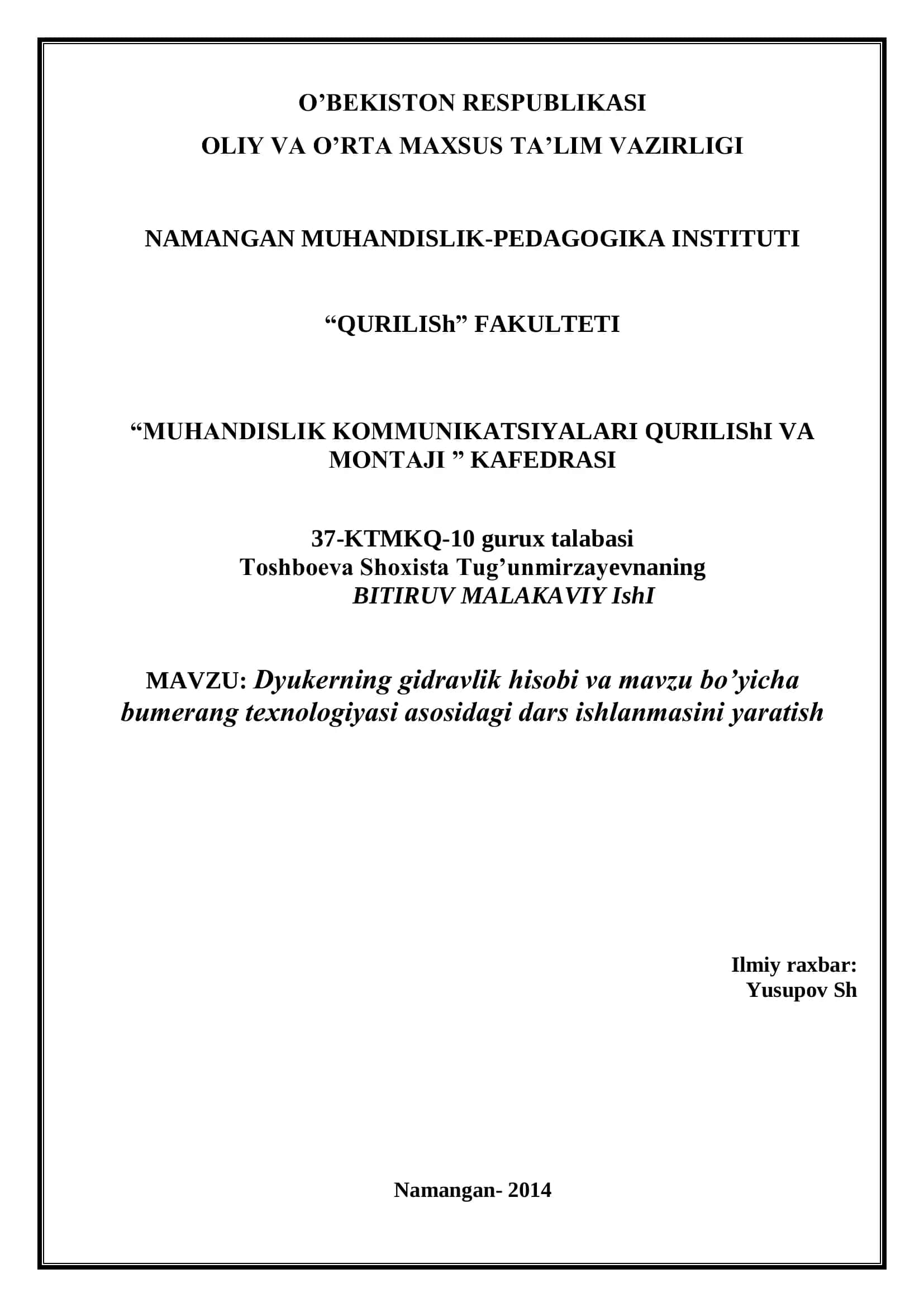 Dyukerning gidravlik hisobi va bumerang texnologiyasi 1