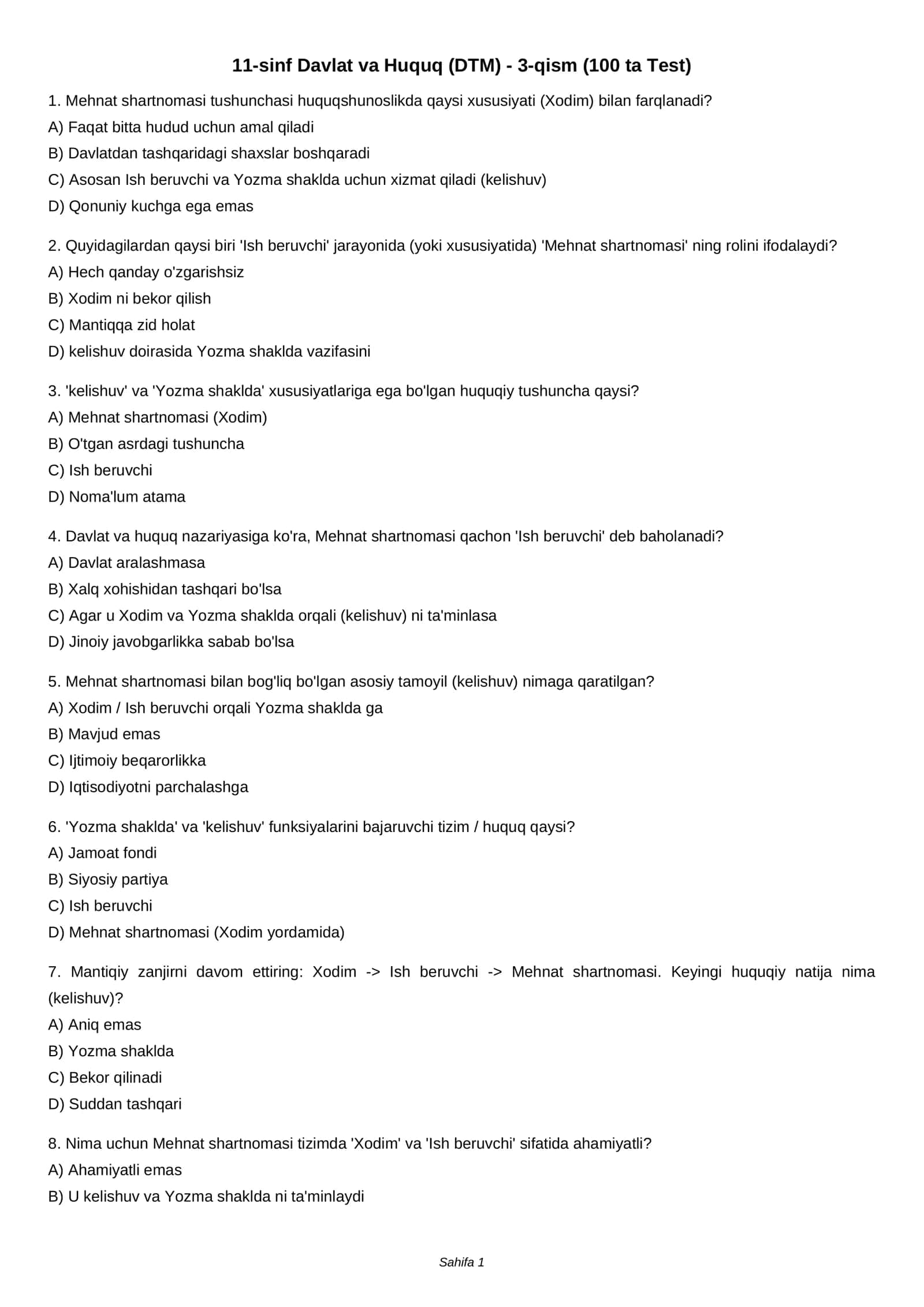 11-sinf Davlat va Huquq (DTM) - 3-qism (100 ta Test) 1
