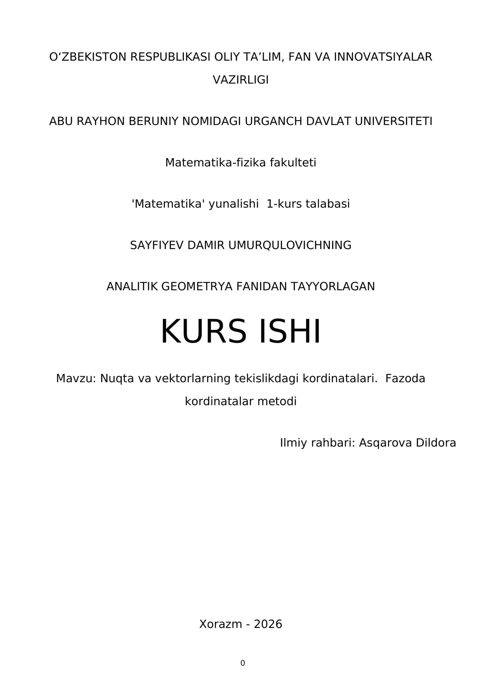 ANALITIK GEOMETRYA FANIDAN TAYYORLAGAN KURS ISHI 1