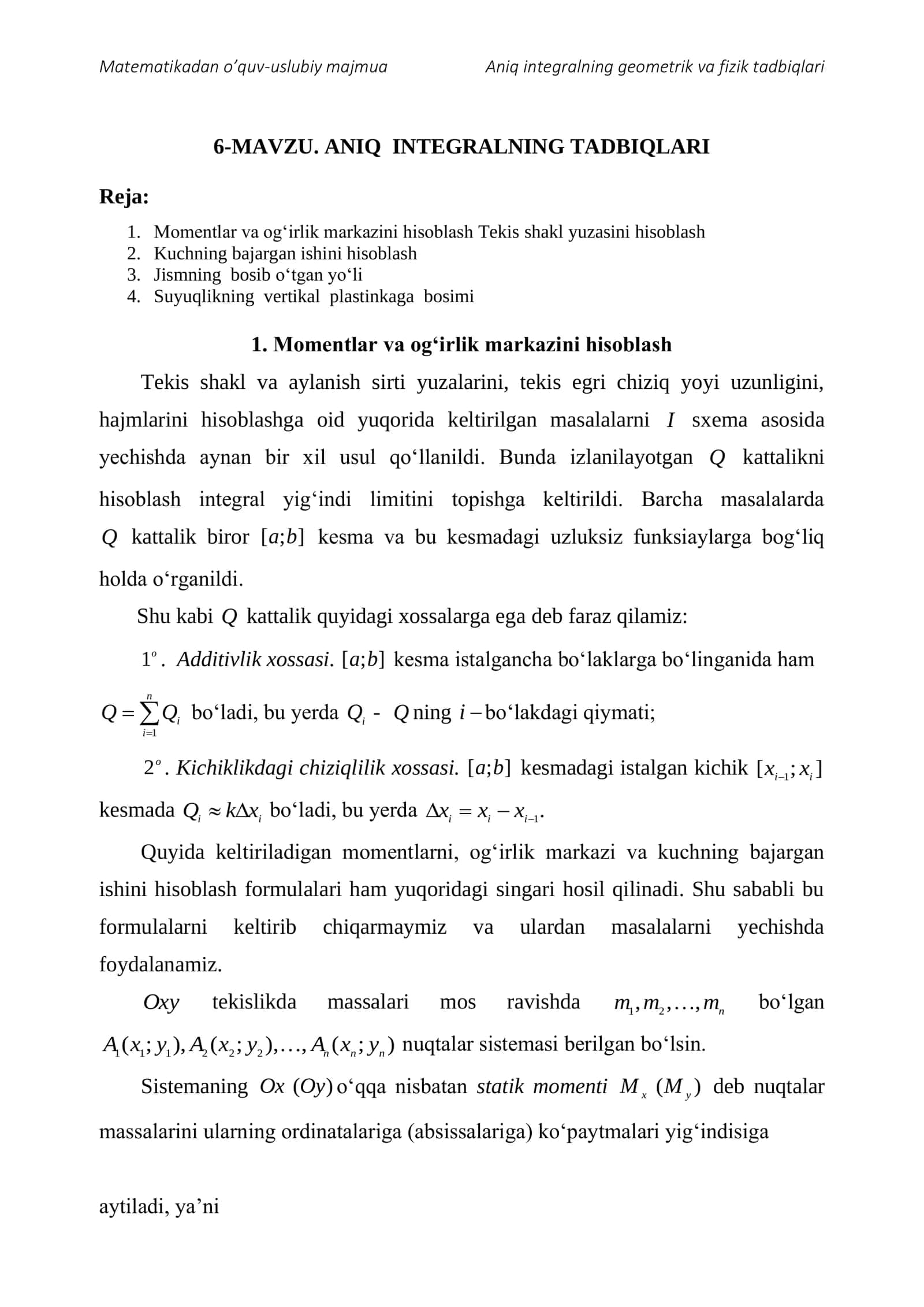Aniq integralning tadbiqlari 1