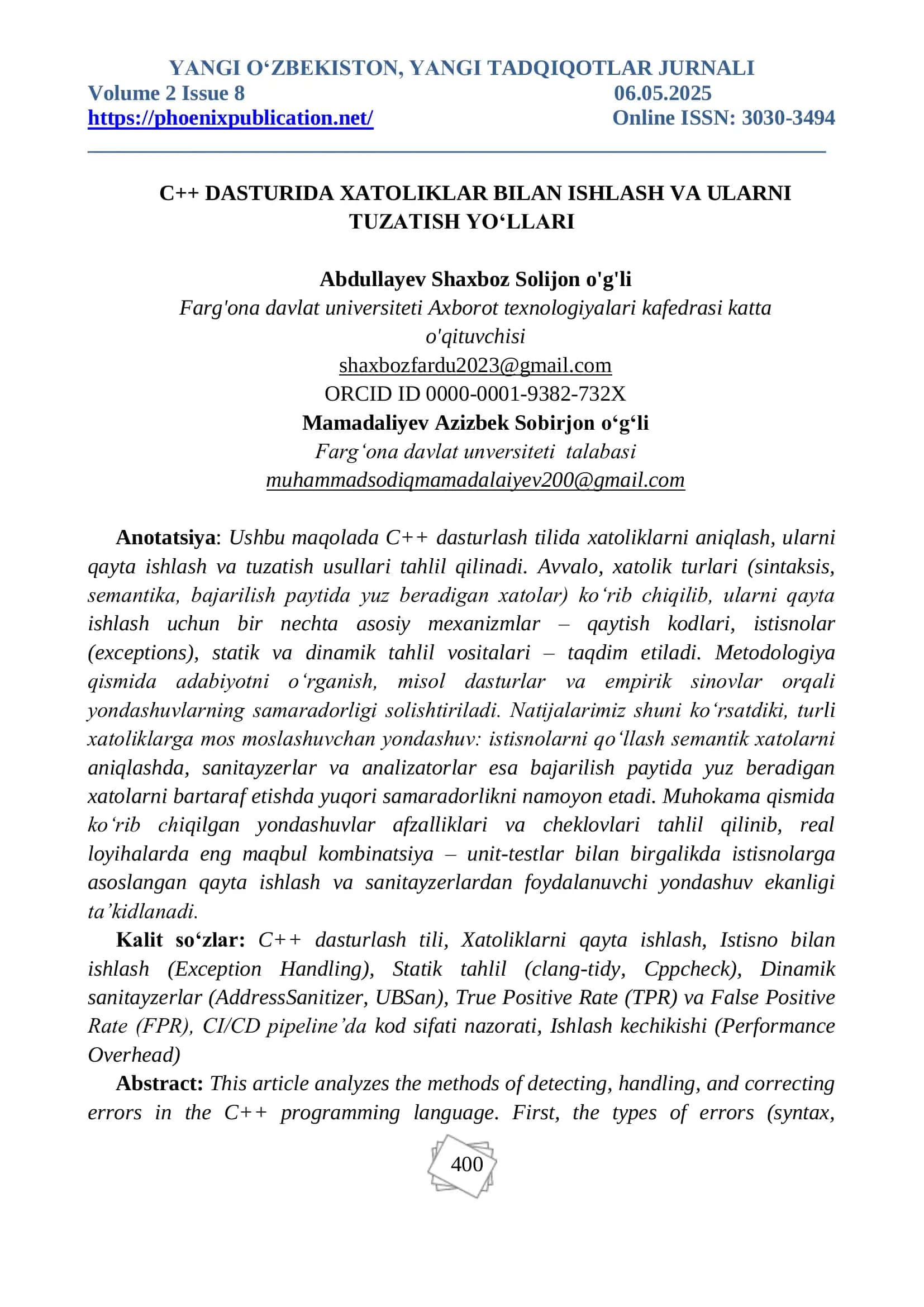 C++ DASTURIDA XATOLIKLAR BILAN ISHLASH VA ULARNI TUZATISH YO‘LLARI 1