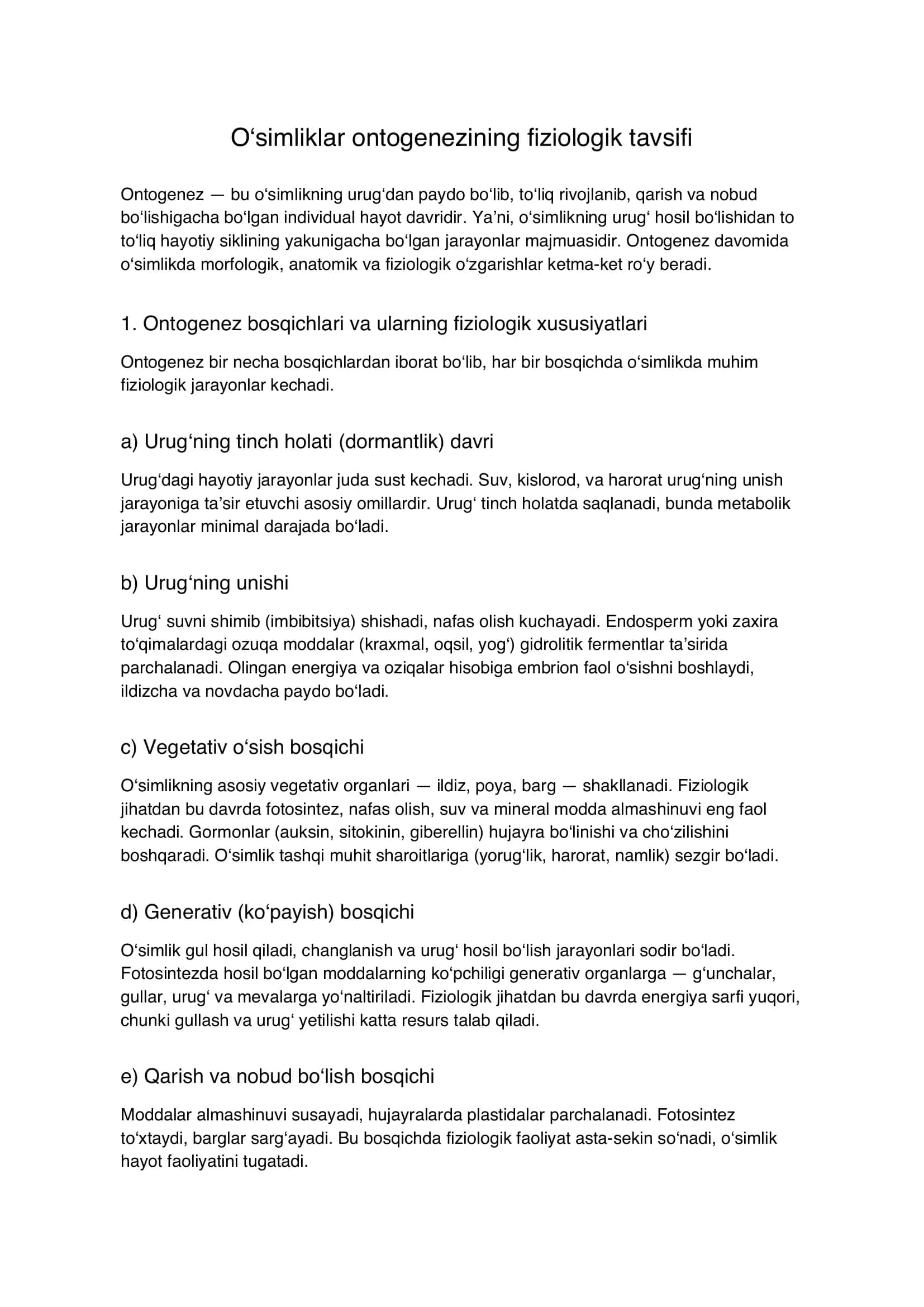 O‘simliklar ontogenezining fiziologik tavsifi 1