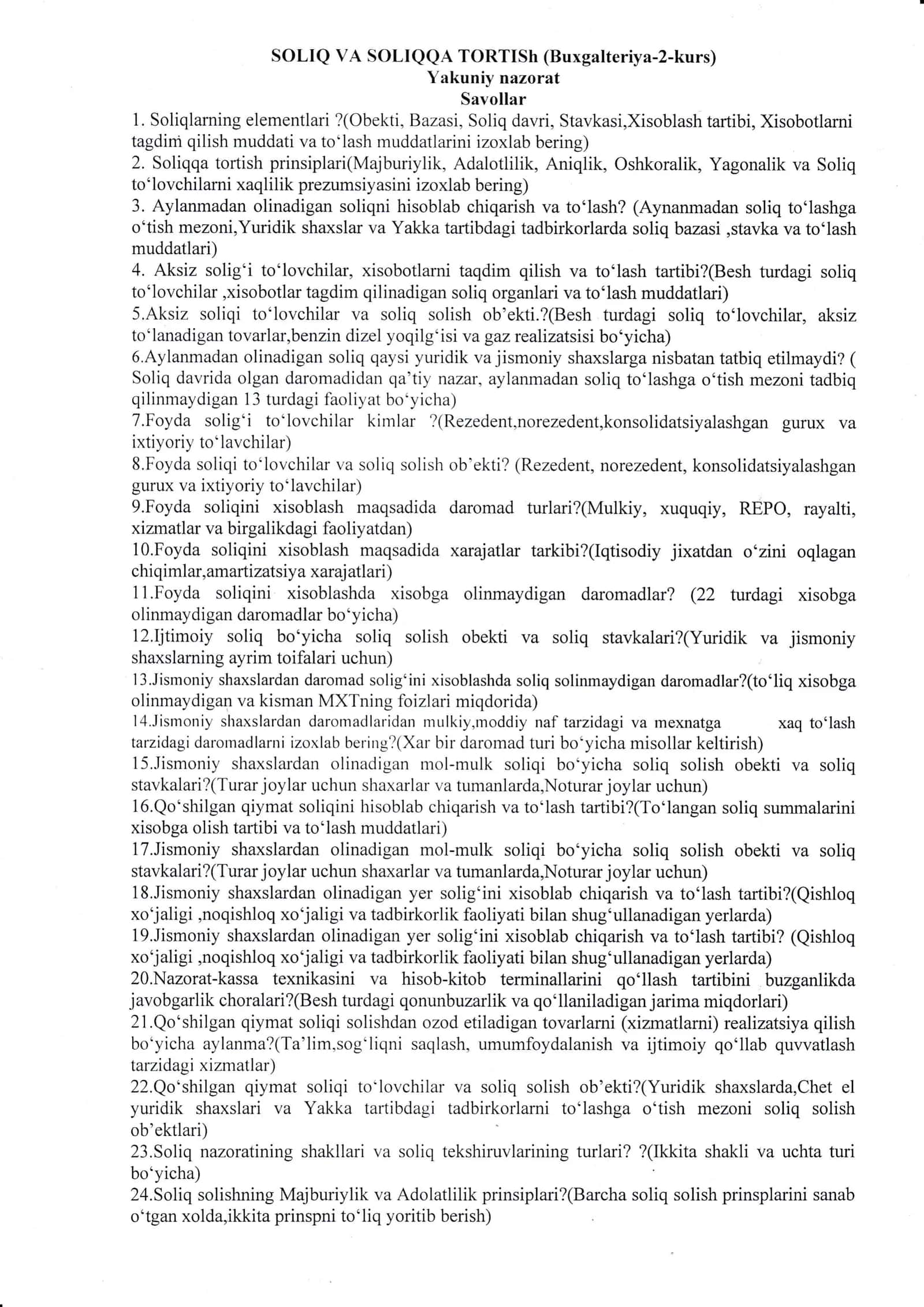 SOLIQ VA SOLIQQA TORTISh yakuniy savollar 1