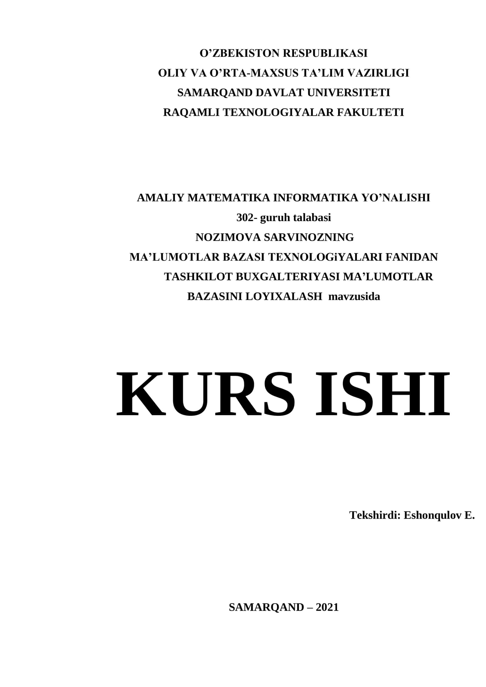 TASHKILOT BUXGALTERIYASI MA’LUMOTLAR BAZASINI LOYIXALASH 1