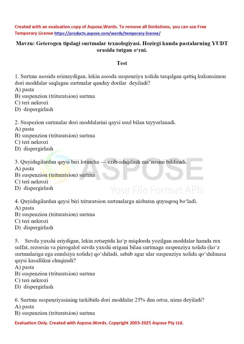 Geterogen tipdagi surtmalar texnologiyasi. Hozirgi kunda pastalarning YUDT orasida tutgan o'rni. Test 10 ta, javobli. 1
