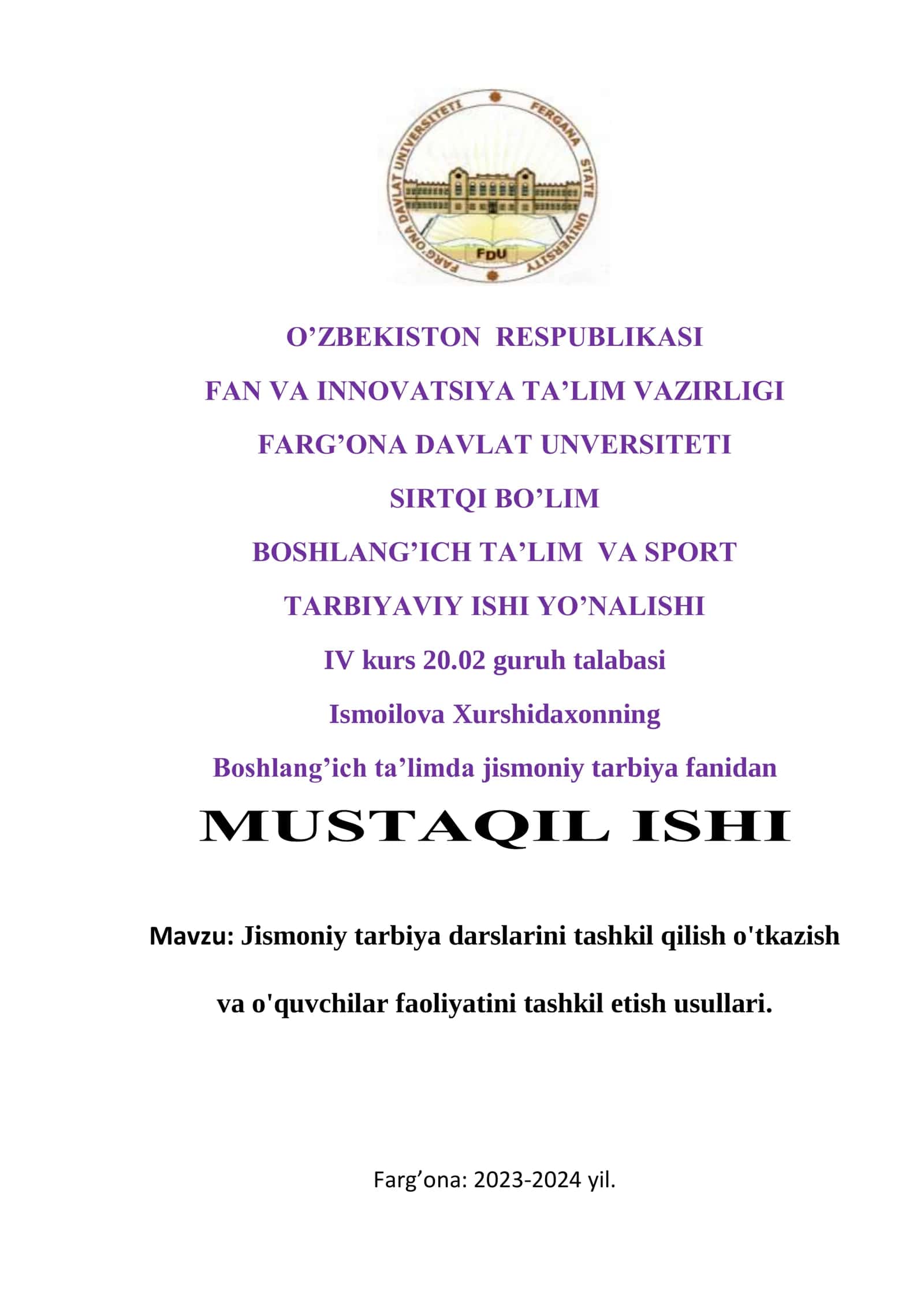 Jismoniy tarbiya darslarini tashkil qilish o'tkazish va o'quvchilar faoliyatini tashkil etish usullari 1