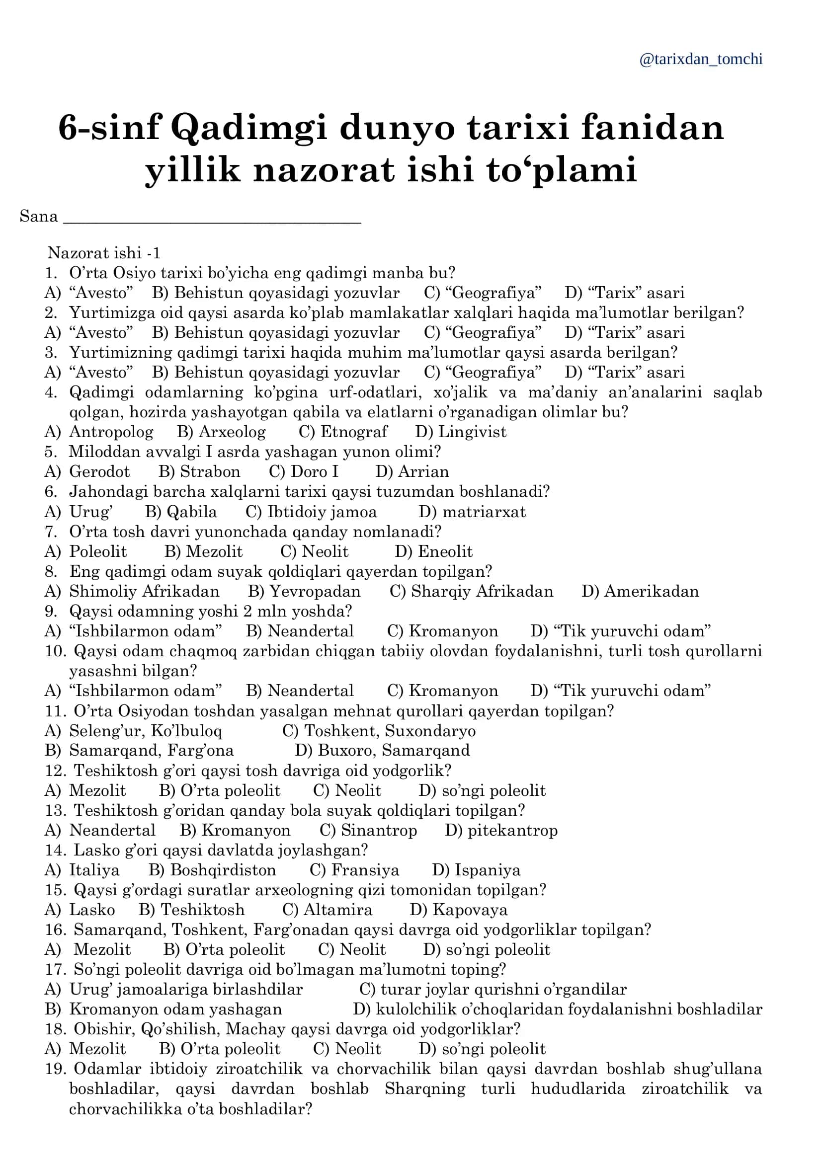 6-sinf Qadimgi dunyo tarixi fanidan yillik nazorat ishi to‘plami 1