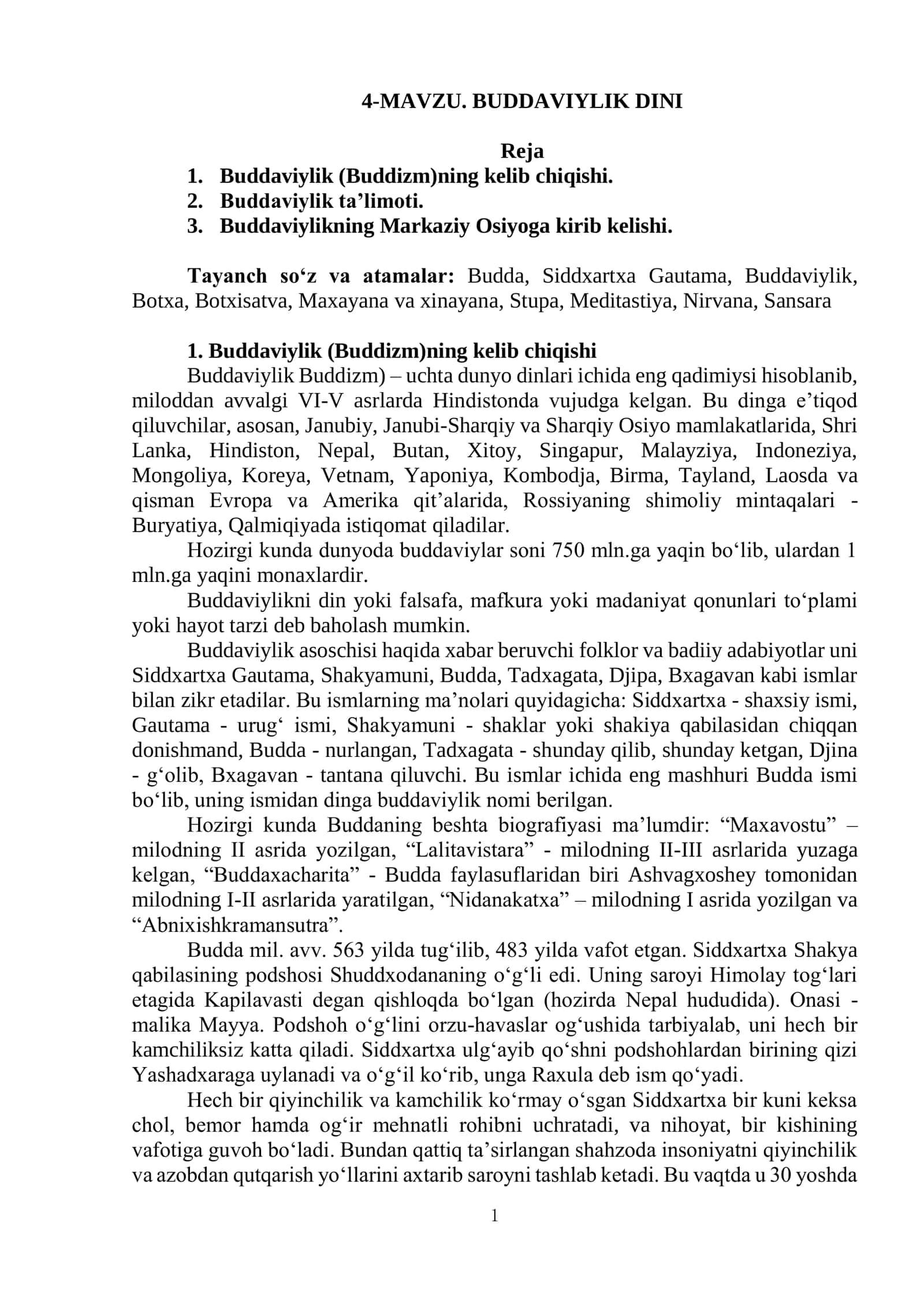 MAVZU. BUDDAVIYLIK DINI 1
