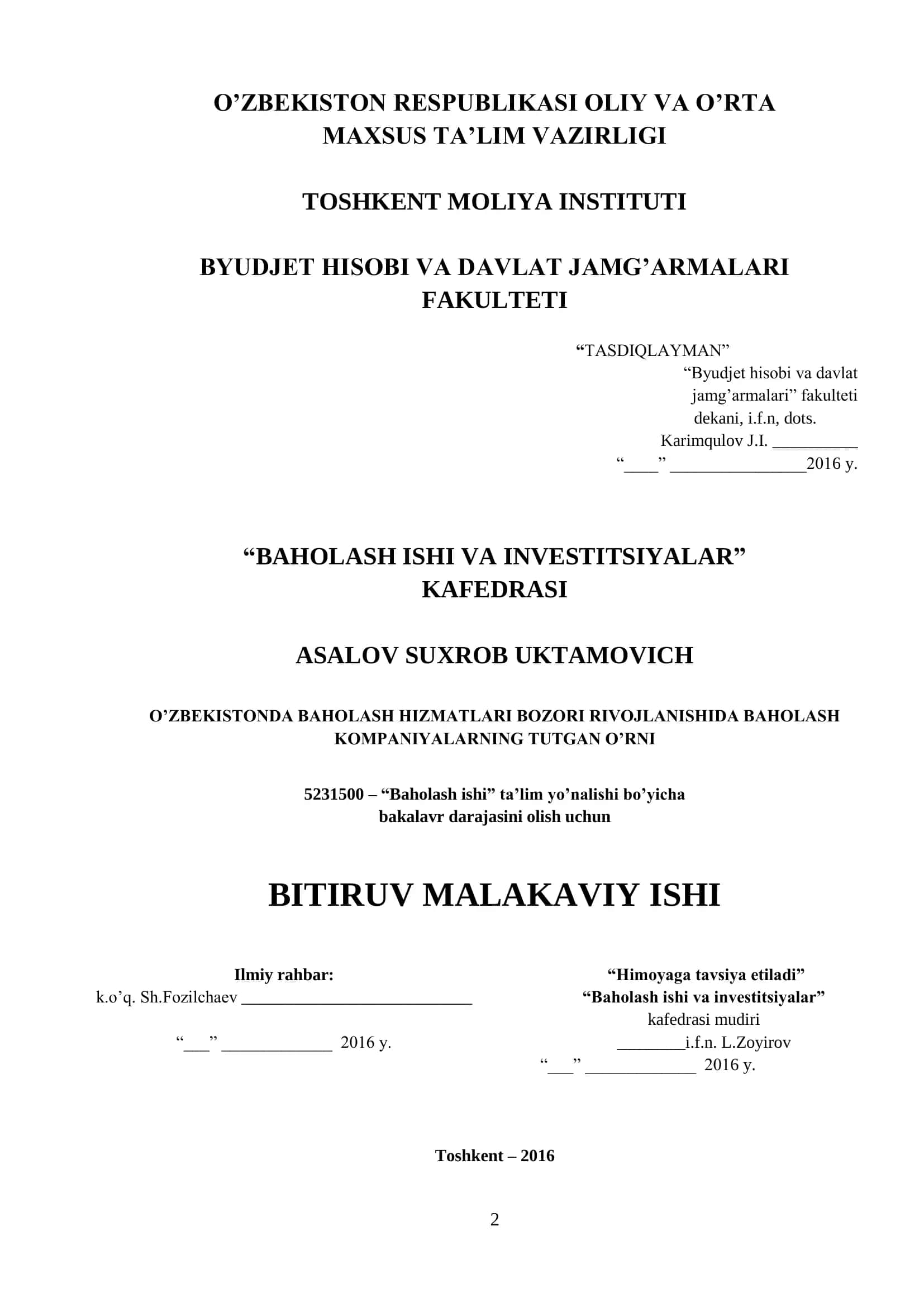 Baholash ishi va investitsiyalar 1