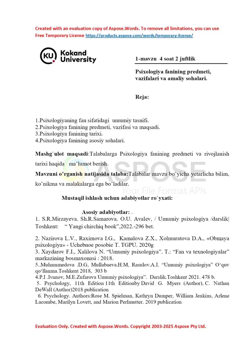 Psixologiyaning fan sifatidagi umumiy tasnifi, predmeti, tarixi va asosiy sohalari 1