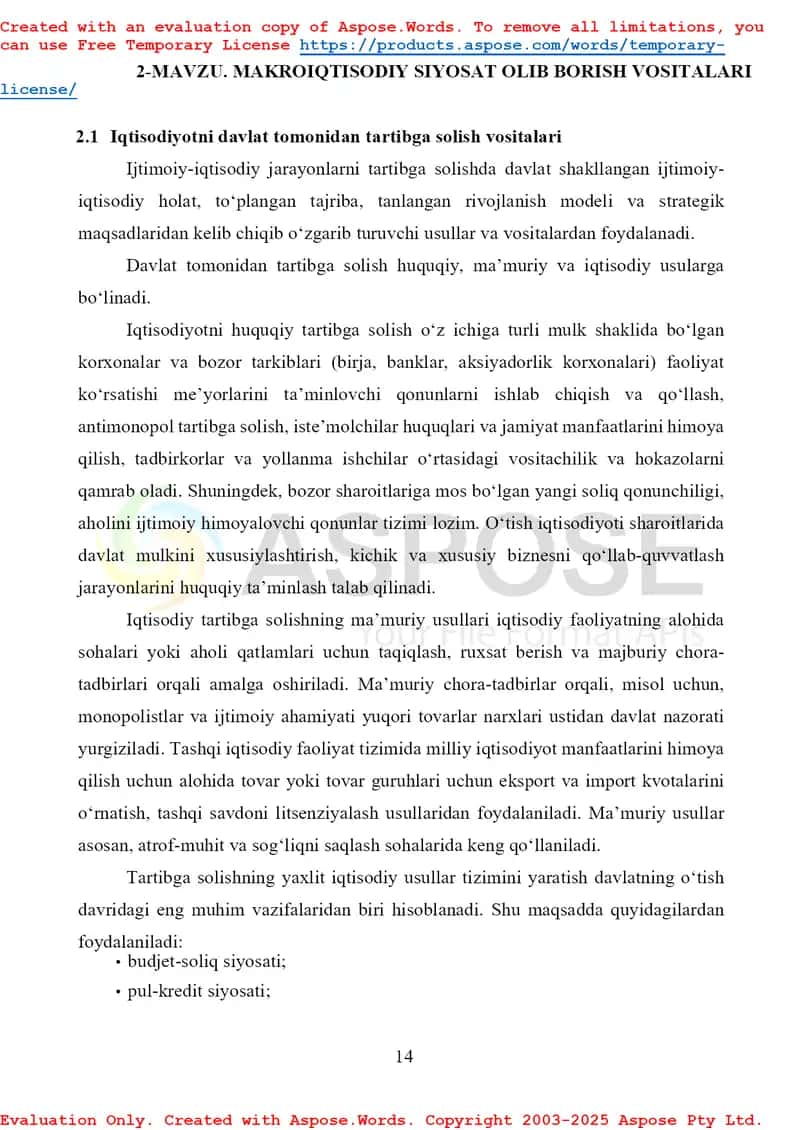 Iqtisodiyotni davlat tomonidan tartibga solish vositalari 1