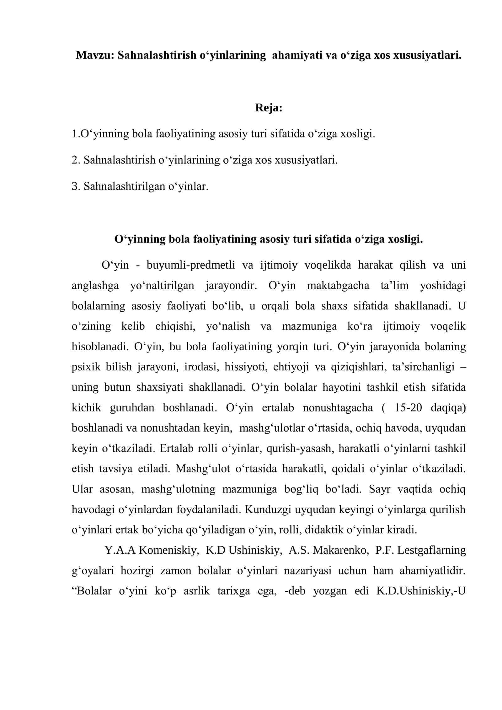 Sahnalashtirish o‘yinlarining ahamiyati va o‘ziga xos xususiyatlari 1