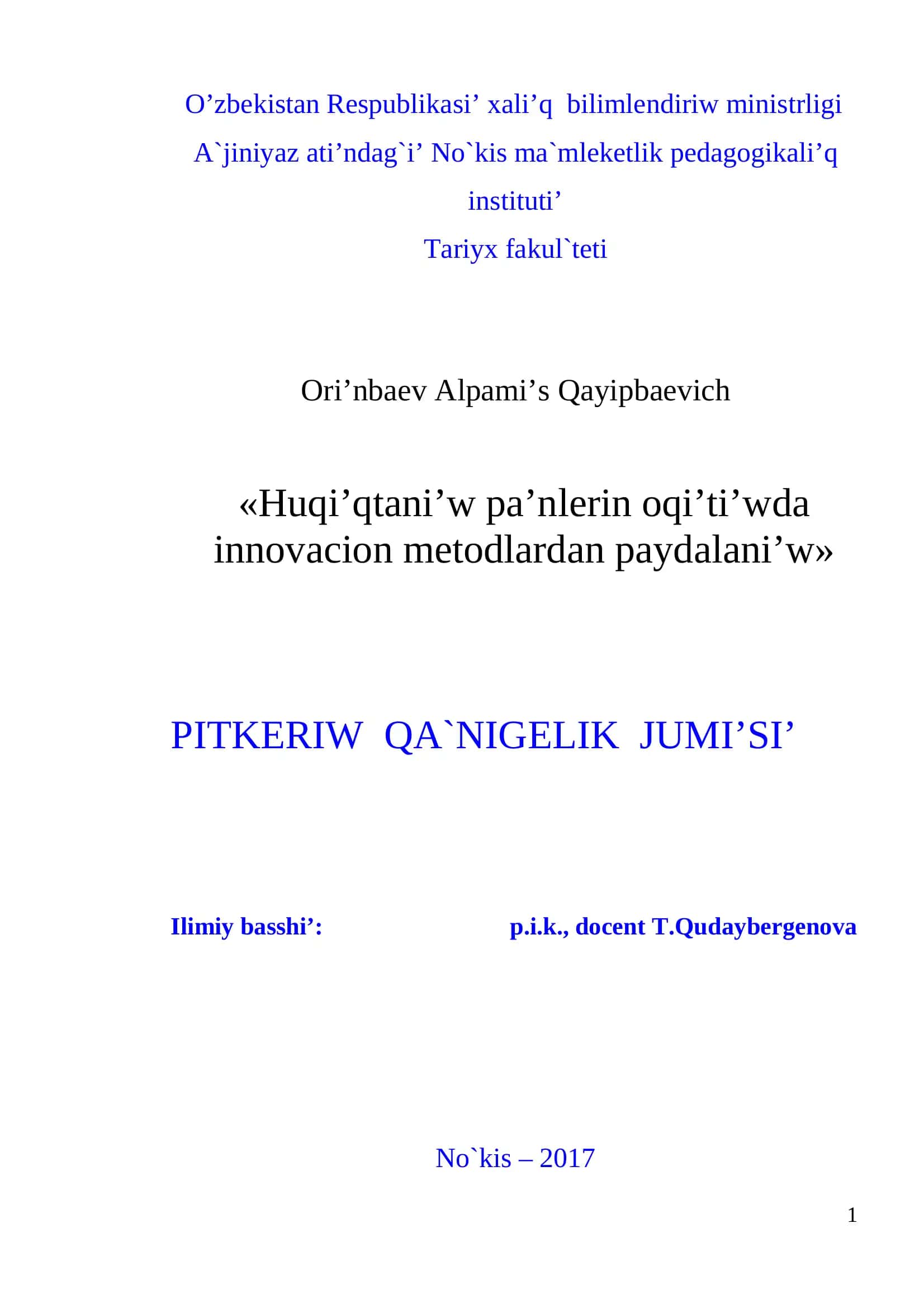 Huqi’qtani’w pa’nlerin oqi’ti’wda innovacion metodlardan paydalani’w 1