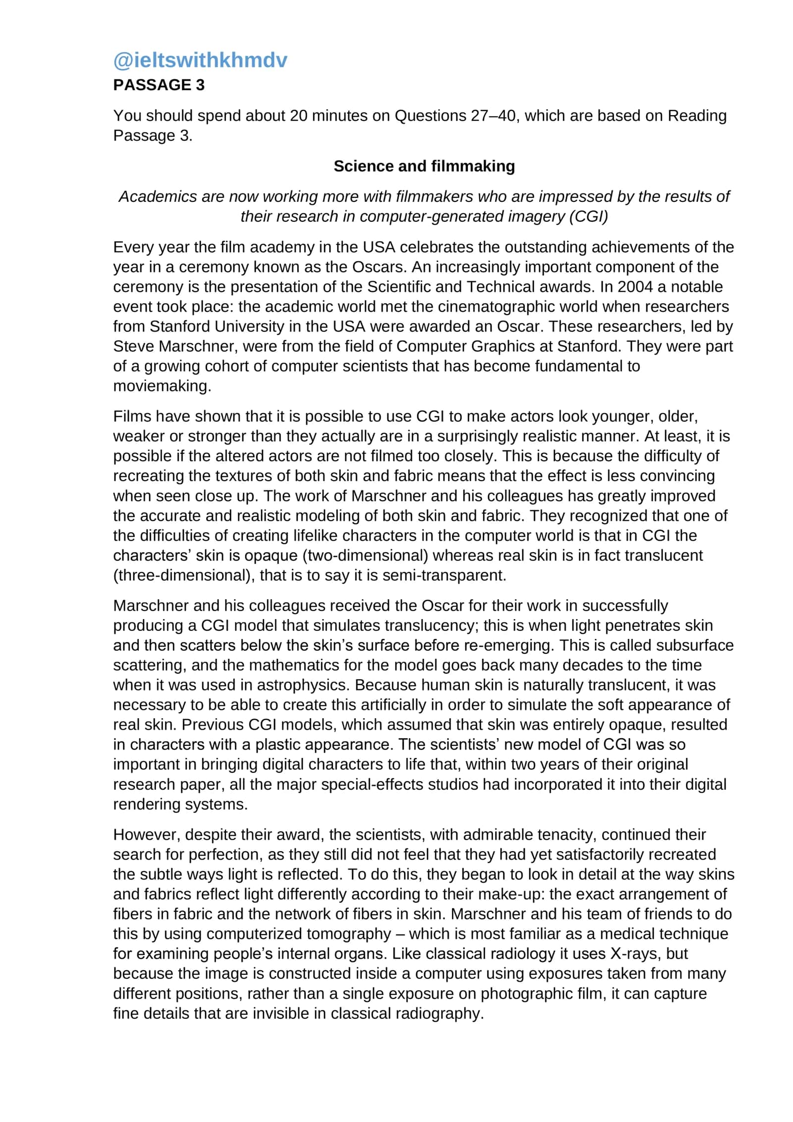 science and filmmaking reading test 1