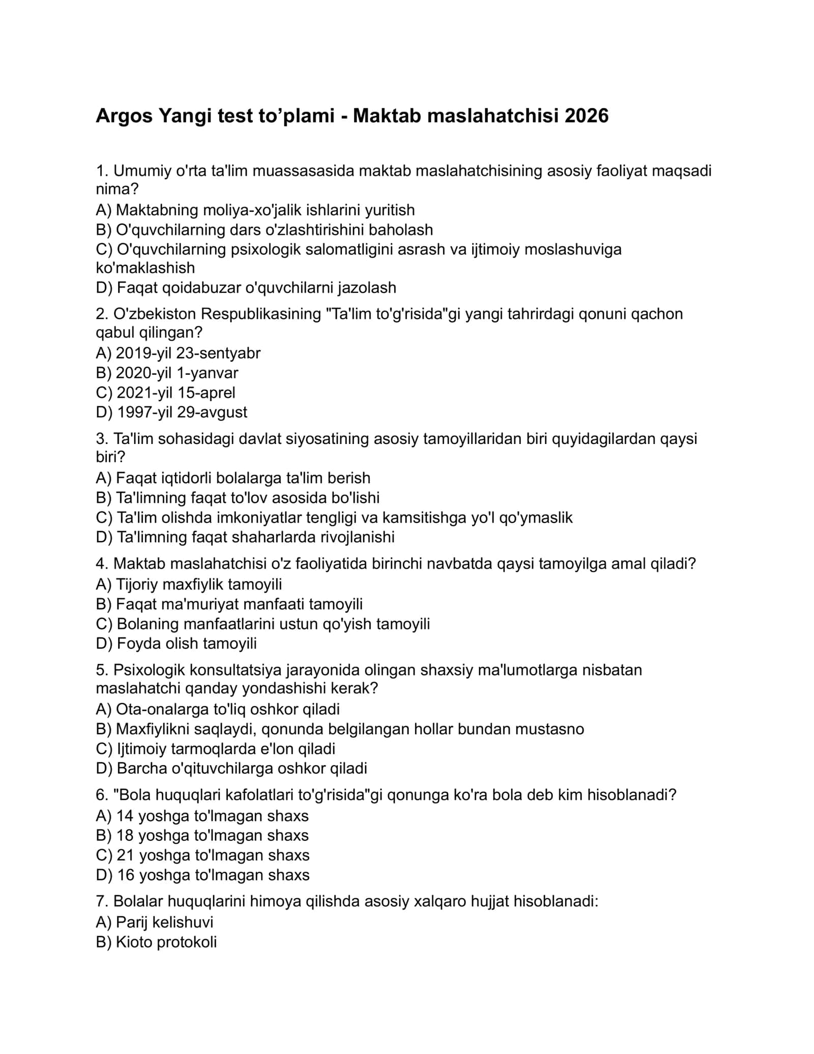 Argos Maktab maslahatchisi 2026 test to'plam. 1