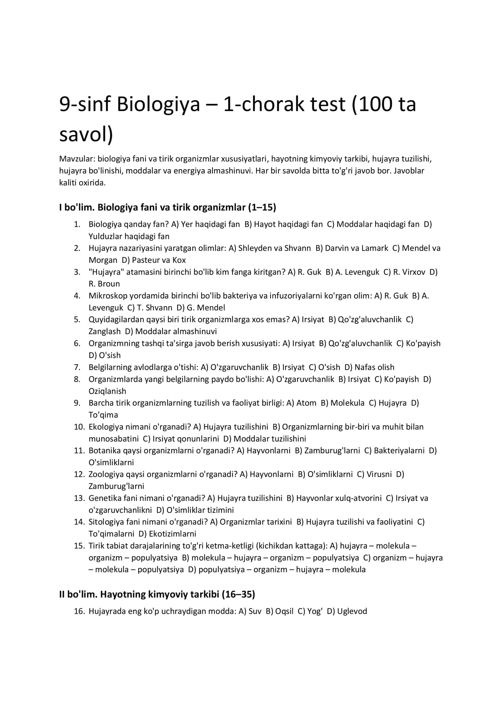 9-sinf Biologiya – 1-chorak test (100 ta savol) 1