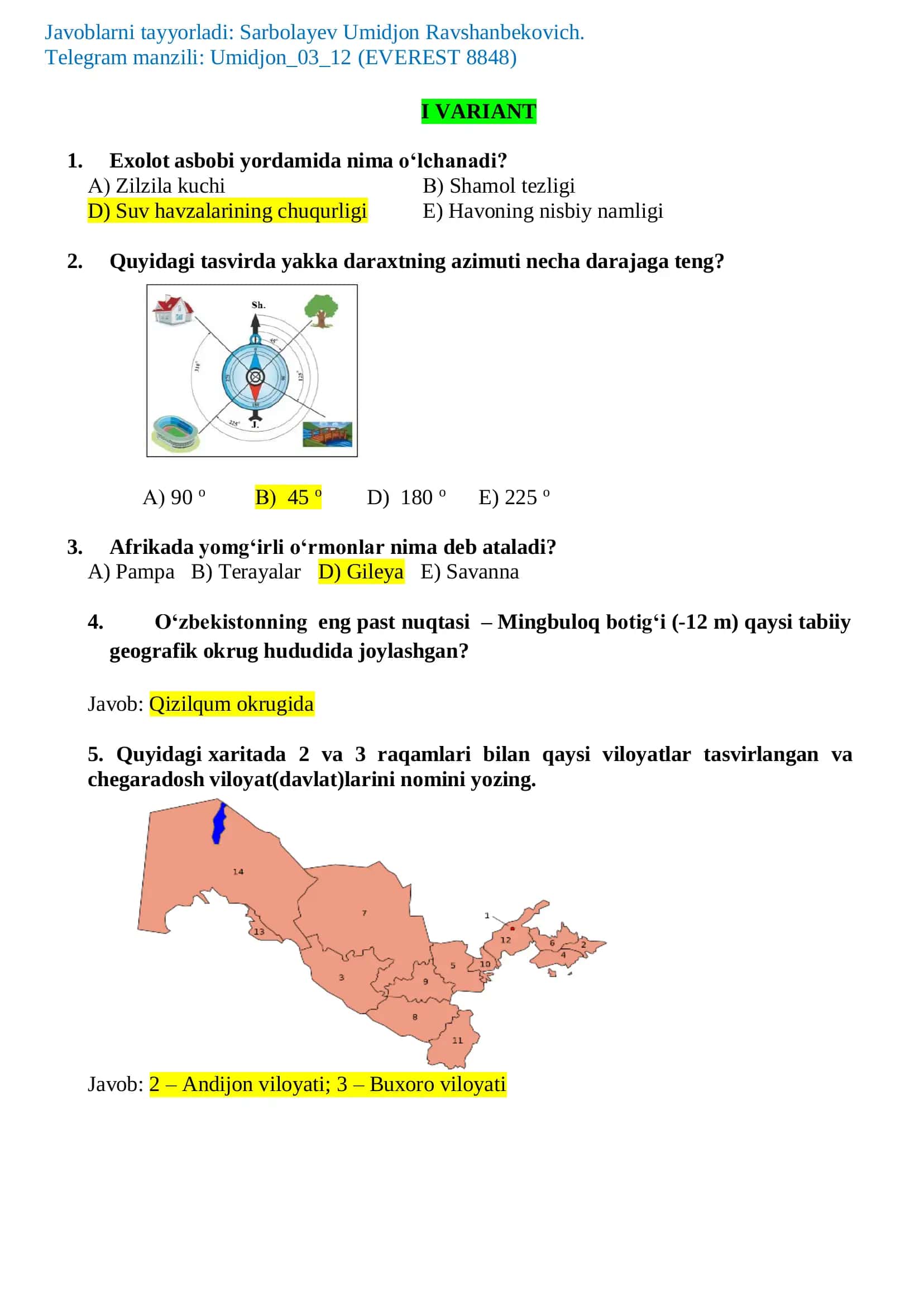 Geografiya savollar 1