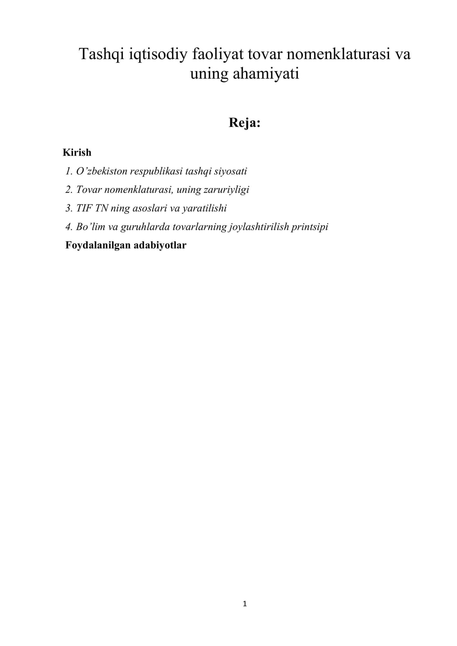Tashqi iqtisodiy faoliyat tovar nomenklaturasi va uning ahamiyati 1