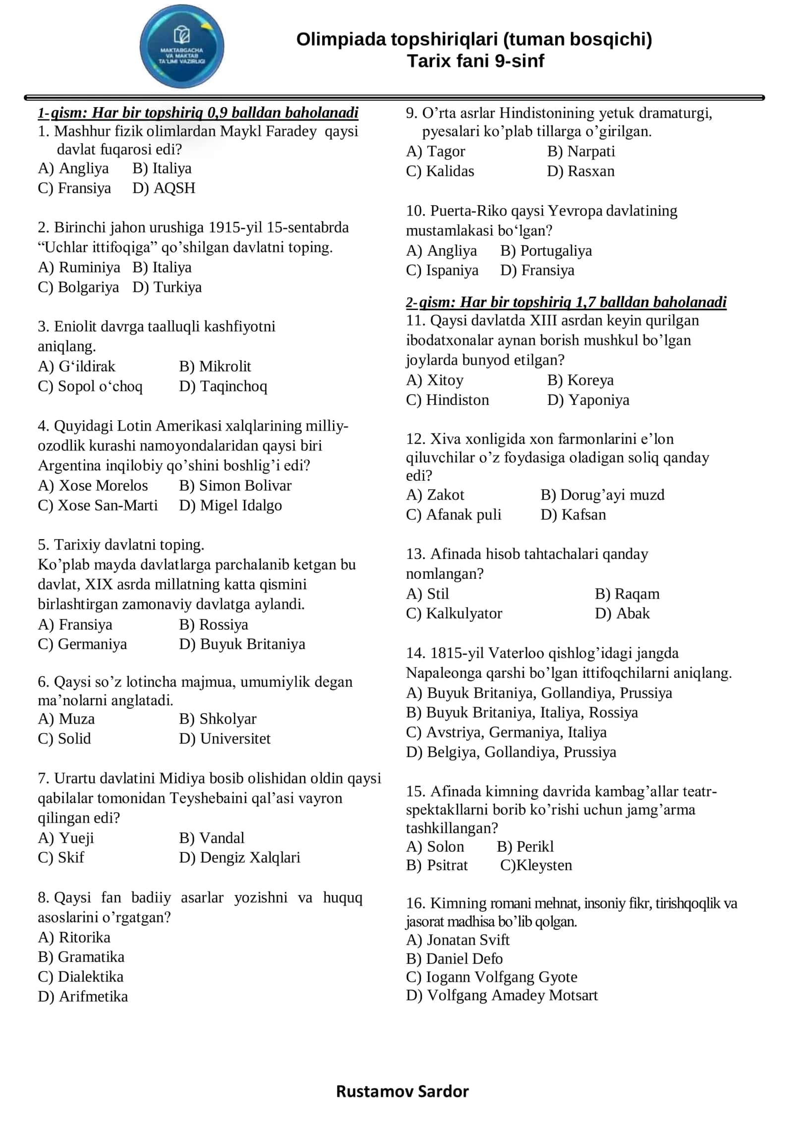 Olimpiada topshiriqlari (tuman bosqichi) 1