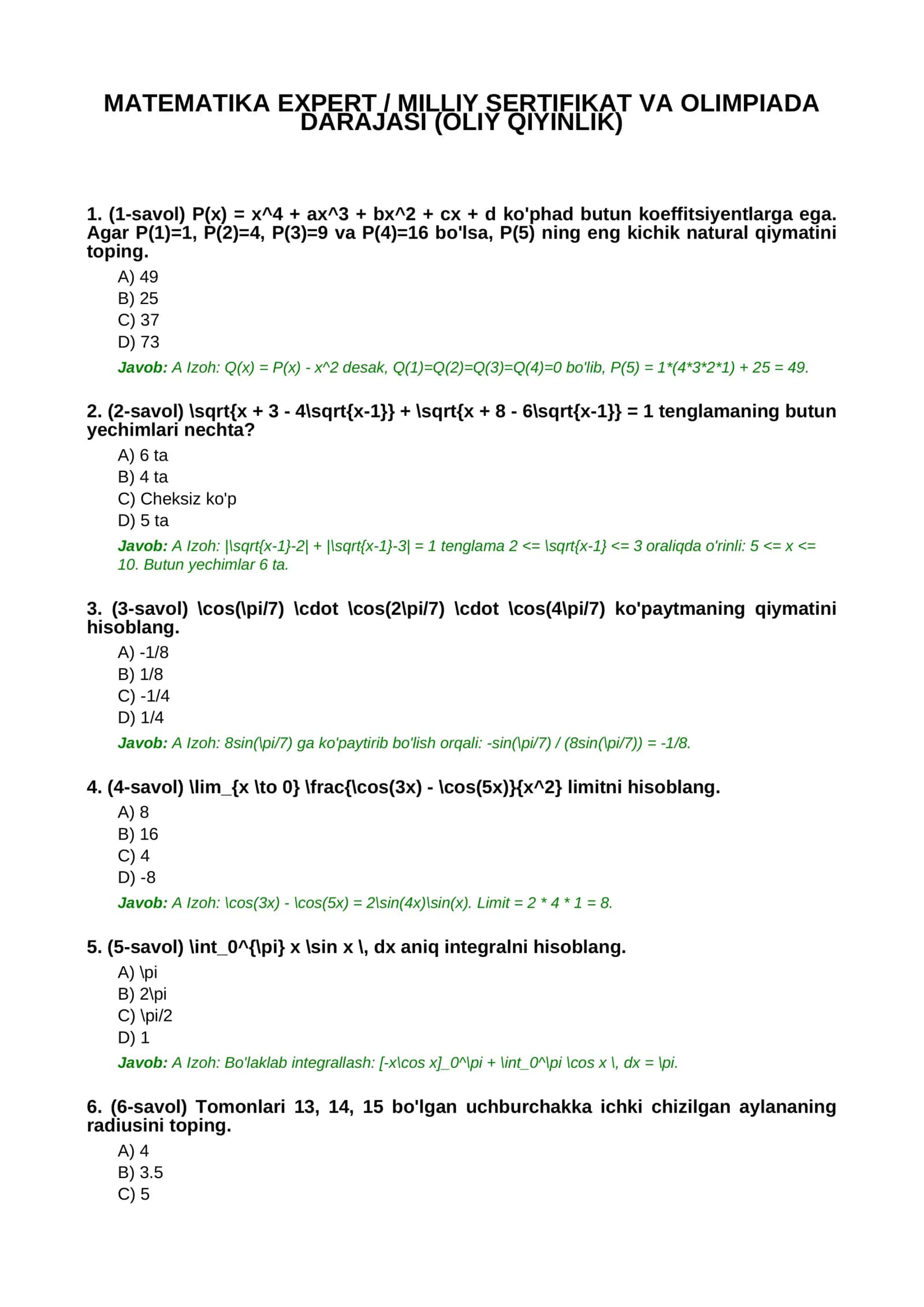 MATEMATIKA EXPERT / MILLIY SERTIFIKAT VA OLIMPIADA 1