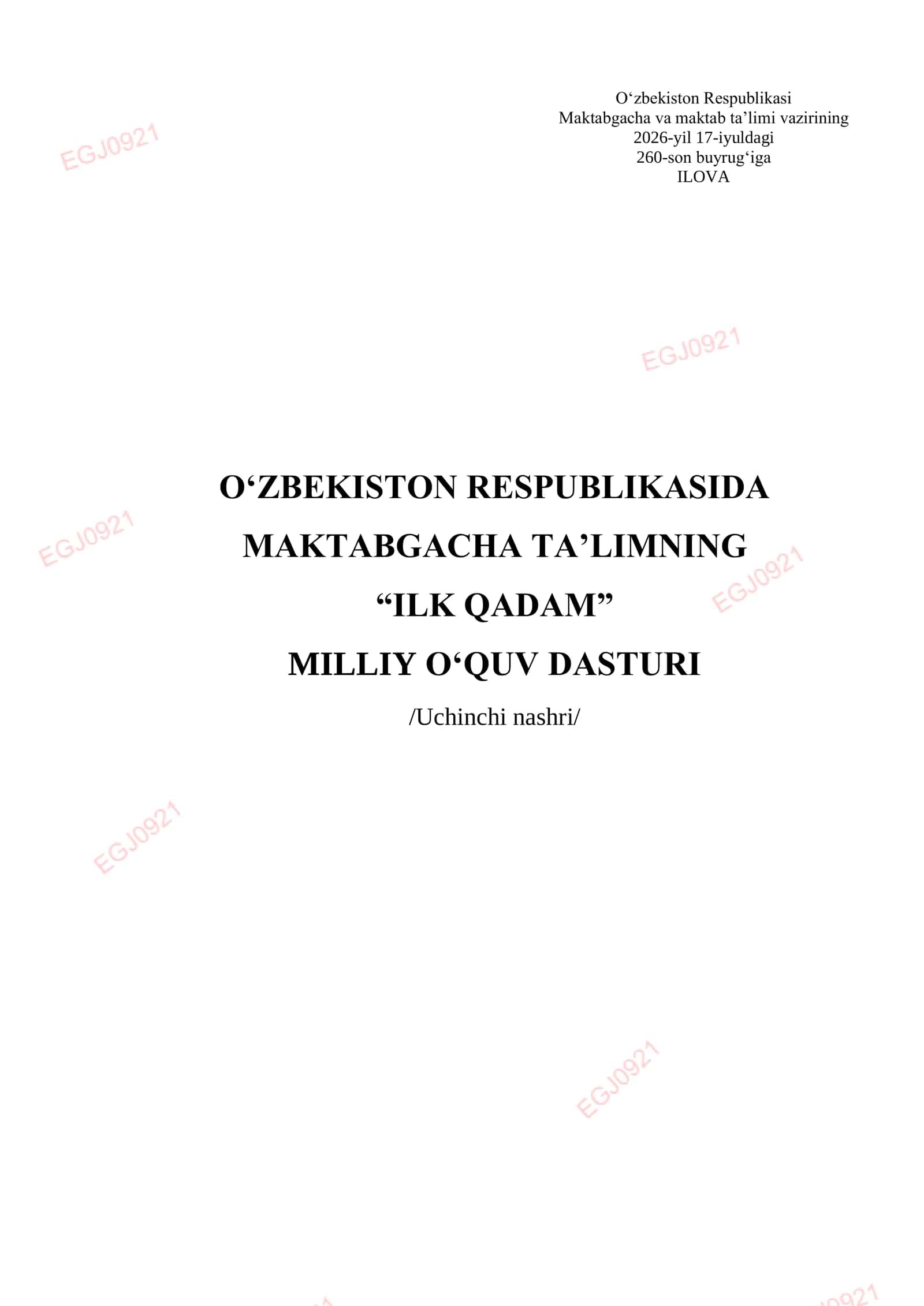 "MAKTABGACHA TAʼLIMNING “ILK QADAM” MILLIY OʻQUV DASTURI" 1