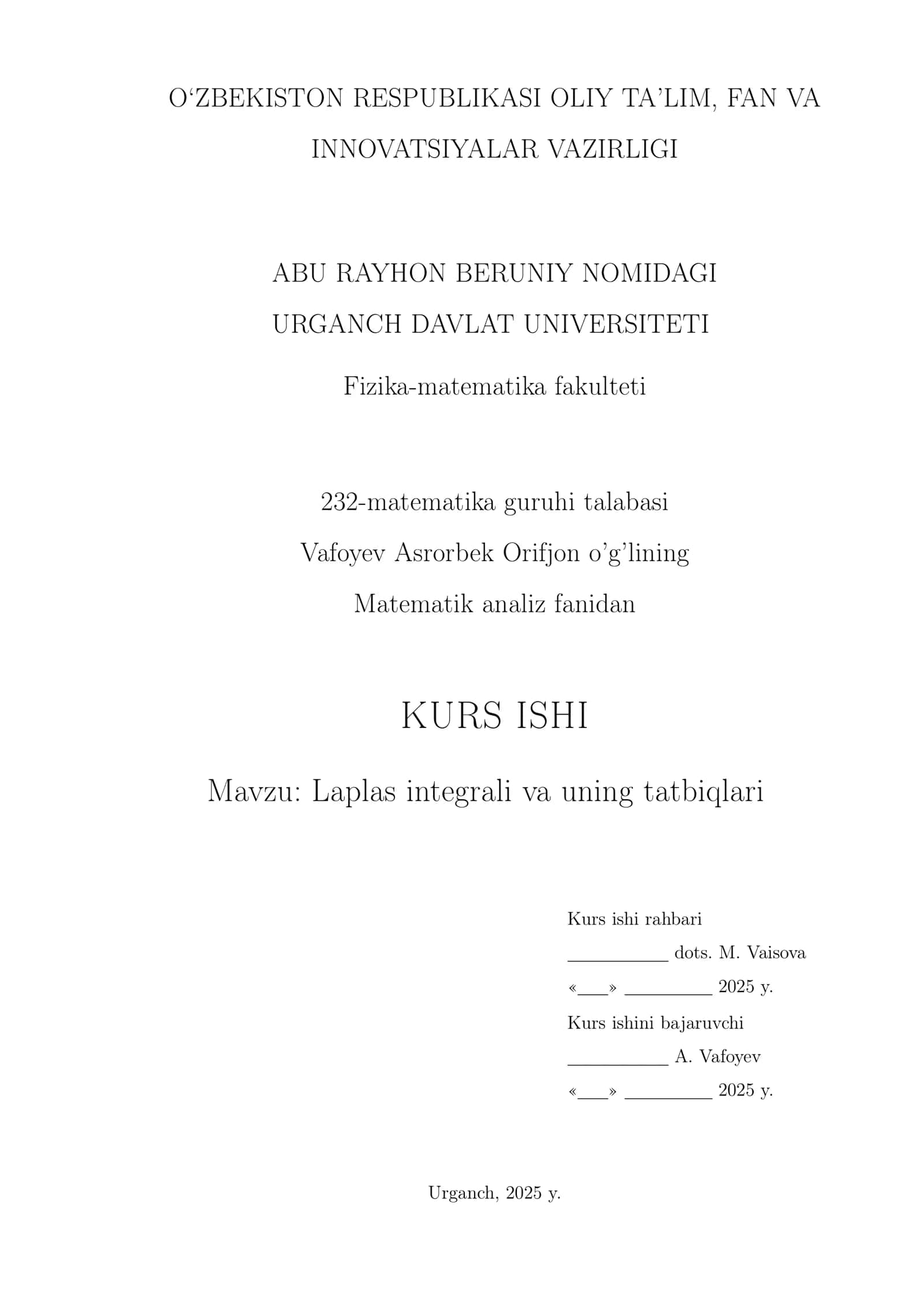 Laplas integrali va uning tatbiqlari 1