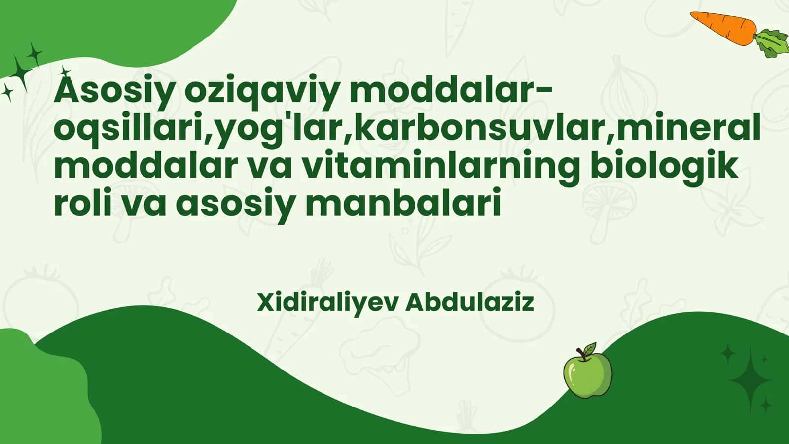 Asosiy oziqaviy moddalar-oqsillari,yog'lar,karbonsuvlar,mineral moddalar va vitaminlarning biologik roli va asosiy manbalari 1