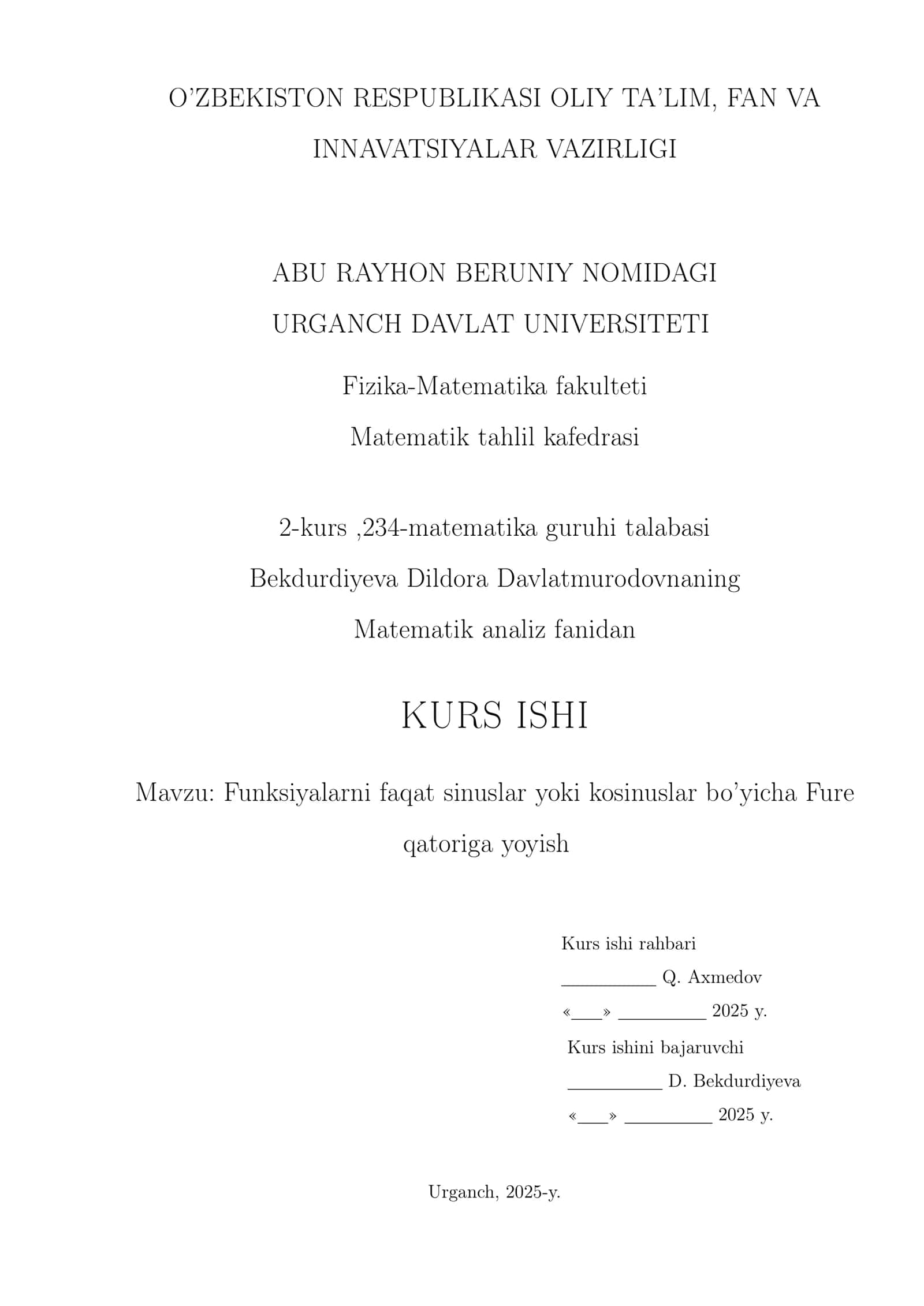 Funksiyani faqat sinuslar va kosinuslar bo'yicha Furye qatoriga yoyish 1