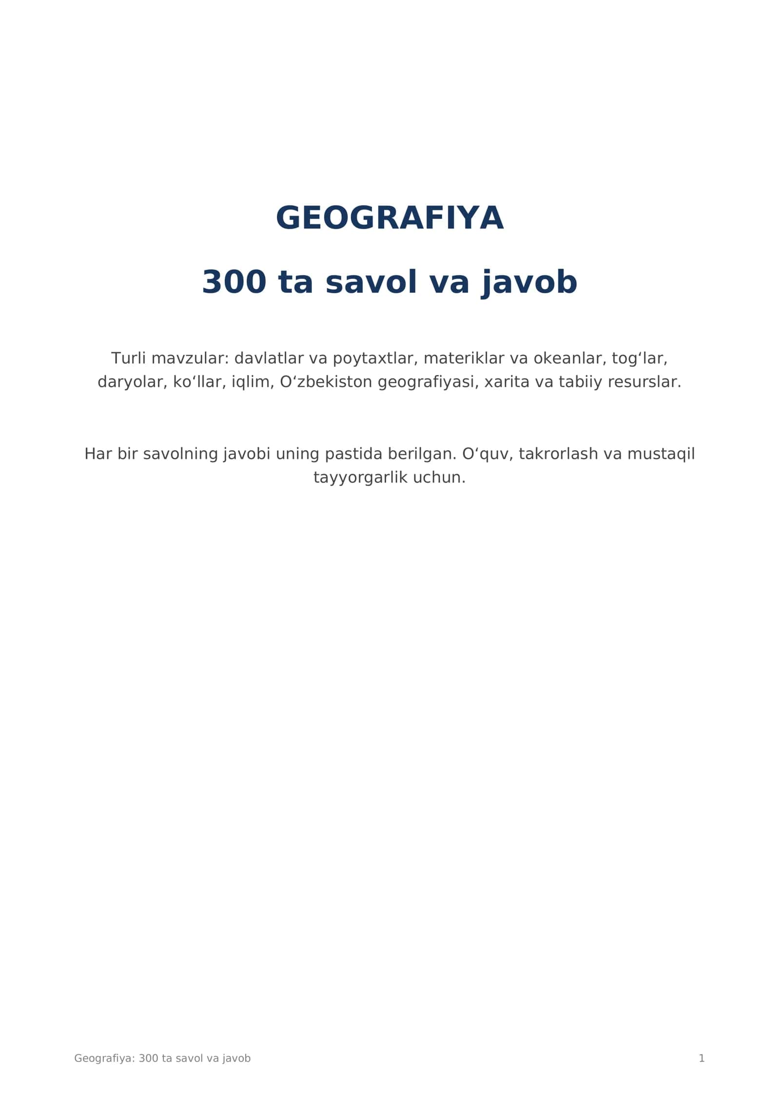Geografiya fanidan 300 ta savol va javob 1