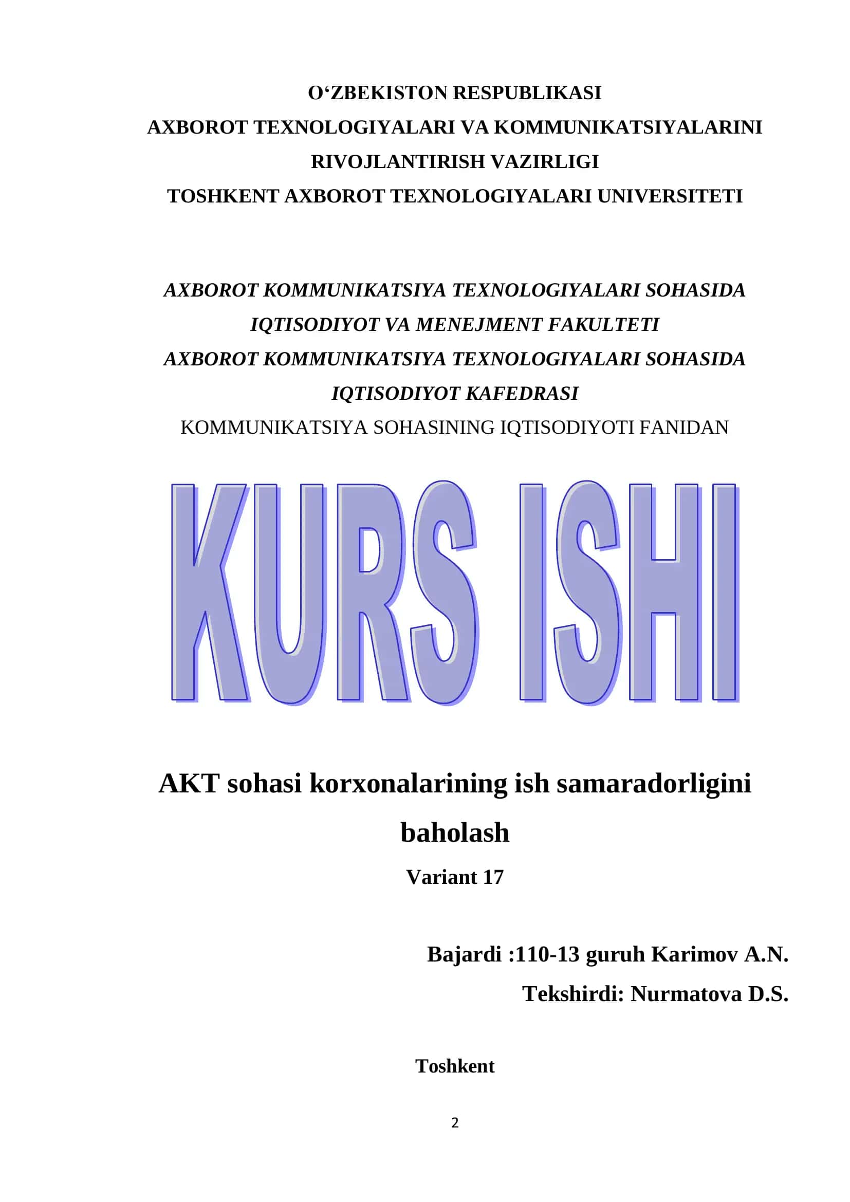 O‘ZBEKISTON RESPUBLIKASI AXBOROT TEXNOLOGIYALARI VA KOMMUNIKATSIYALARINI RIVOJLANTIRISH VAZIRLIGI 1
