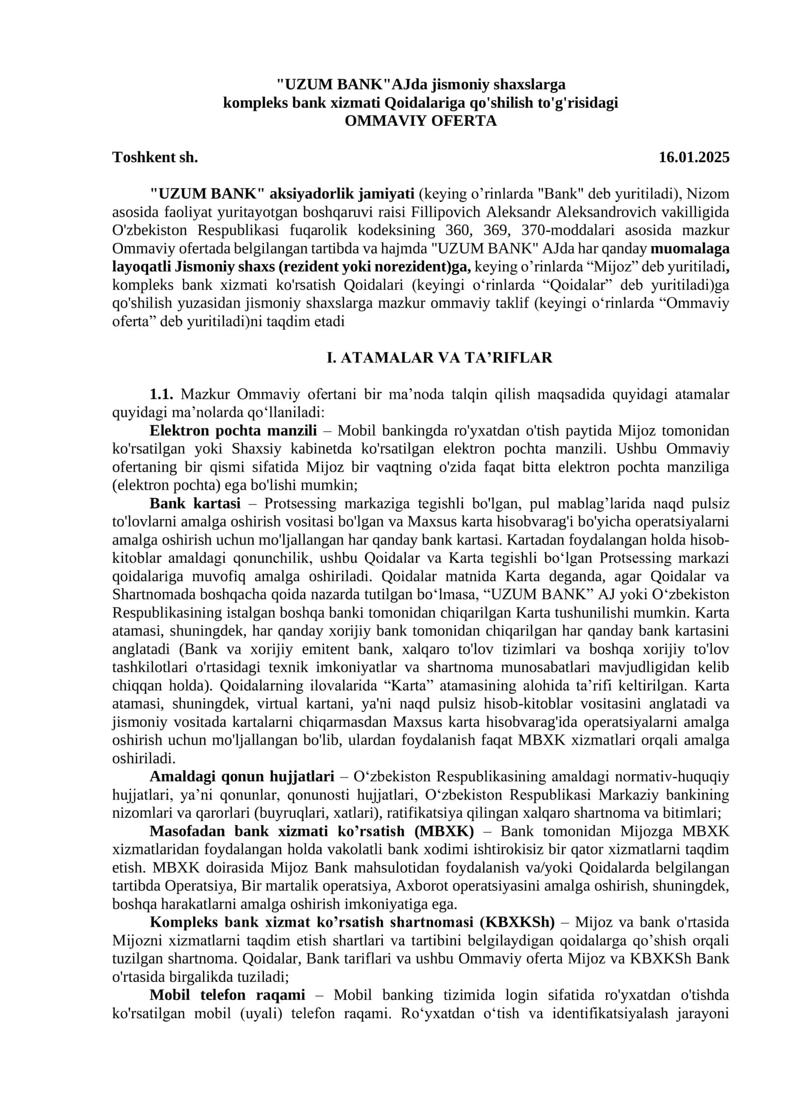 UZUM BANK"AJda jismoniy shaxslarga kompleks bank xizmati Qoidalariga qo'shilish to'g'risidagi OMMAVIY OFERTA Toshkent sh. 16.01.2025 1