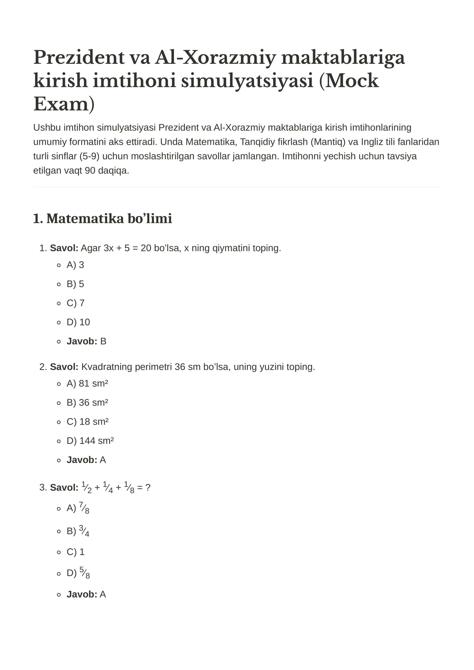 Prezident va Al-Xorazmiy maktablariga kirish imtihoni simulyatsiyasi (Mock Exam) 1