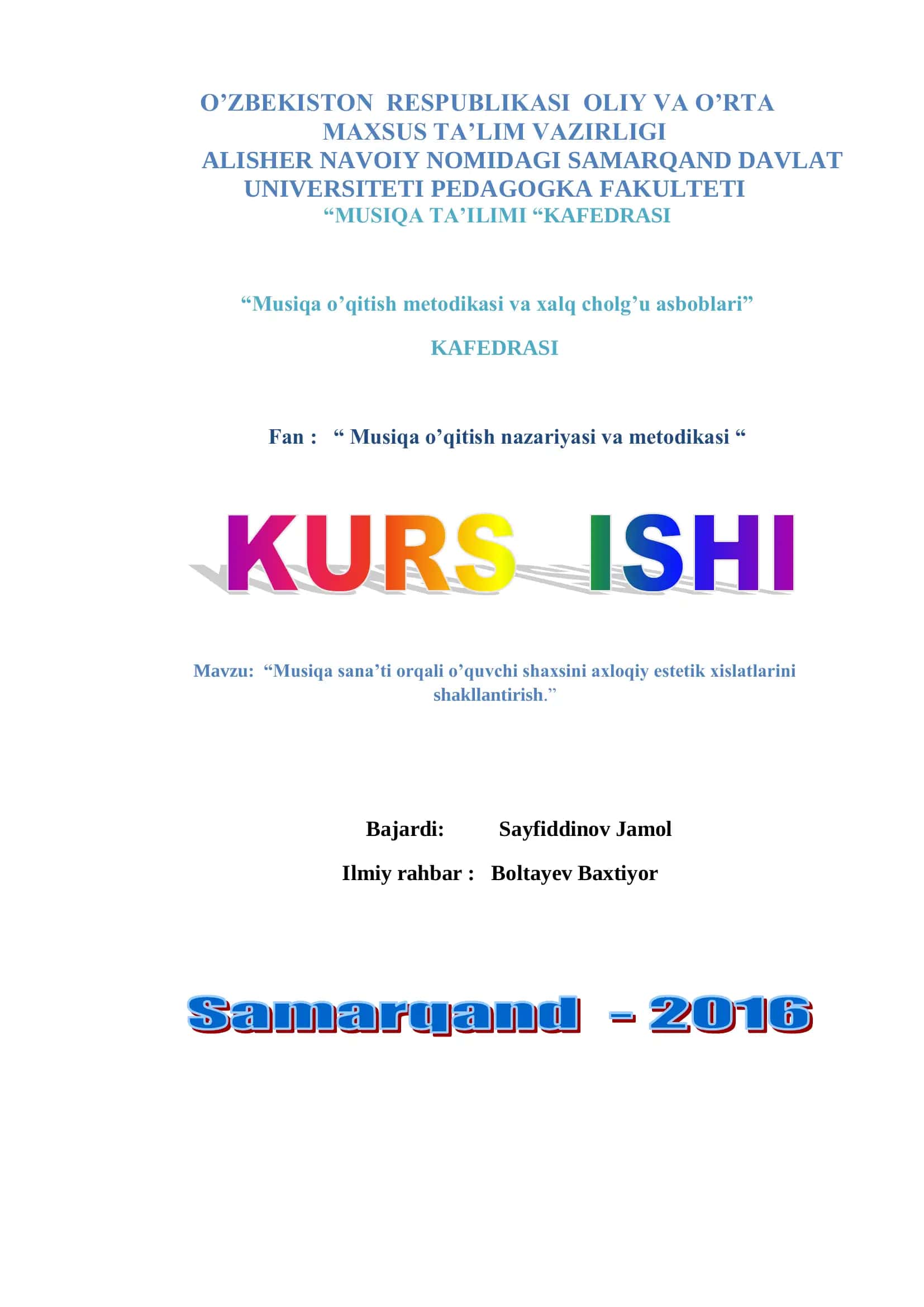 Musiqa o’qitish metodikasi va xalq cholg’u asboblari 1