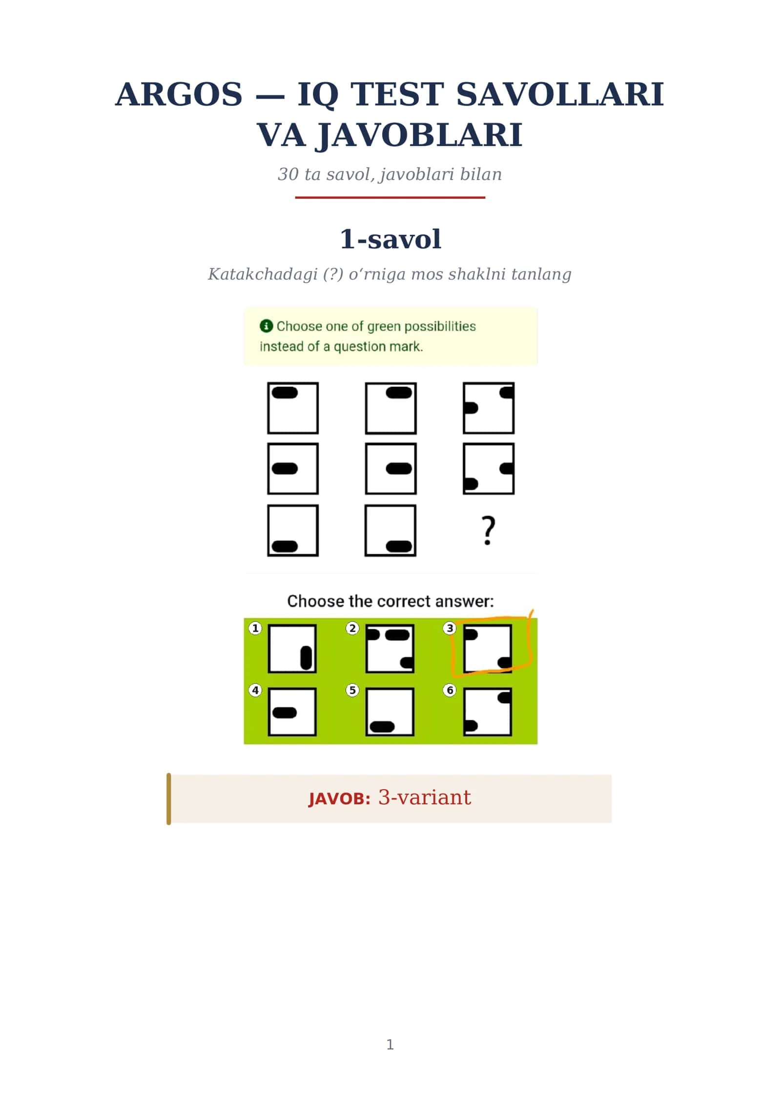 Argosdan IQ test SAVOLLARI VA JAVOBLARI 1