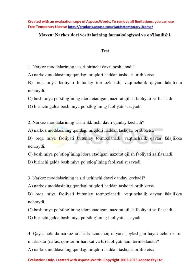 Narkoz dori vositalarining farmakologiyasi va qo'llanilishi. Test 10 ta. 1