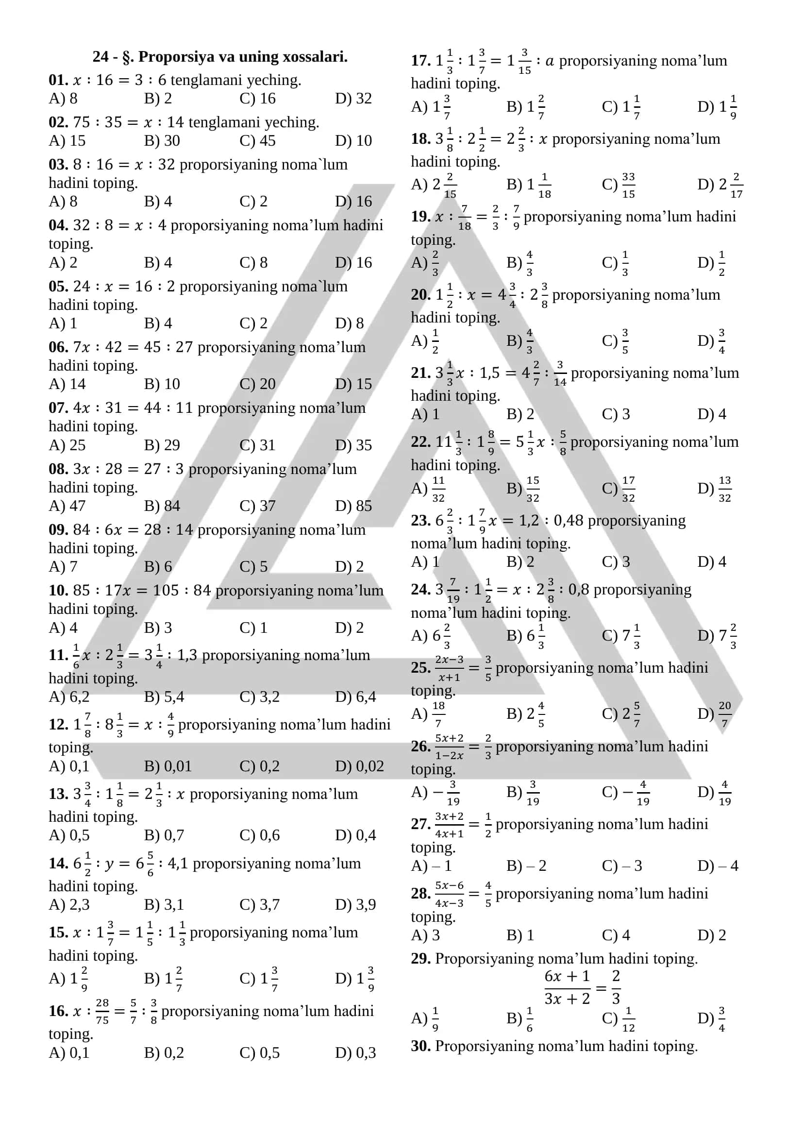 Proporsiyamavzusidan 100 talik test (javoblari bilan) 1