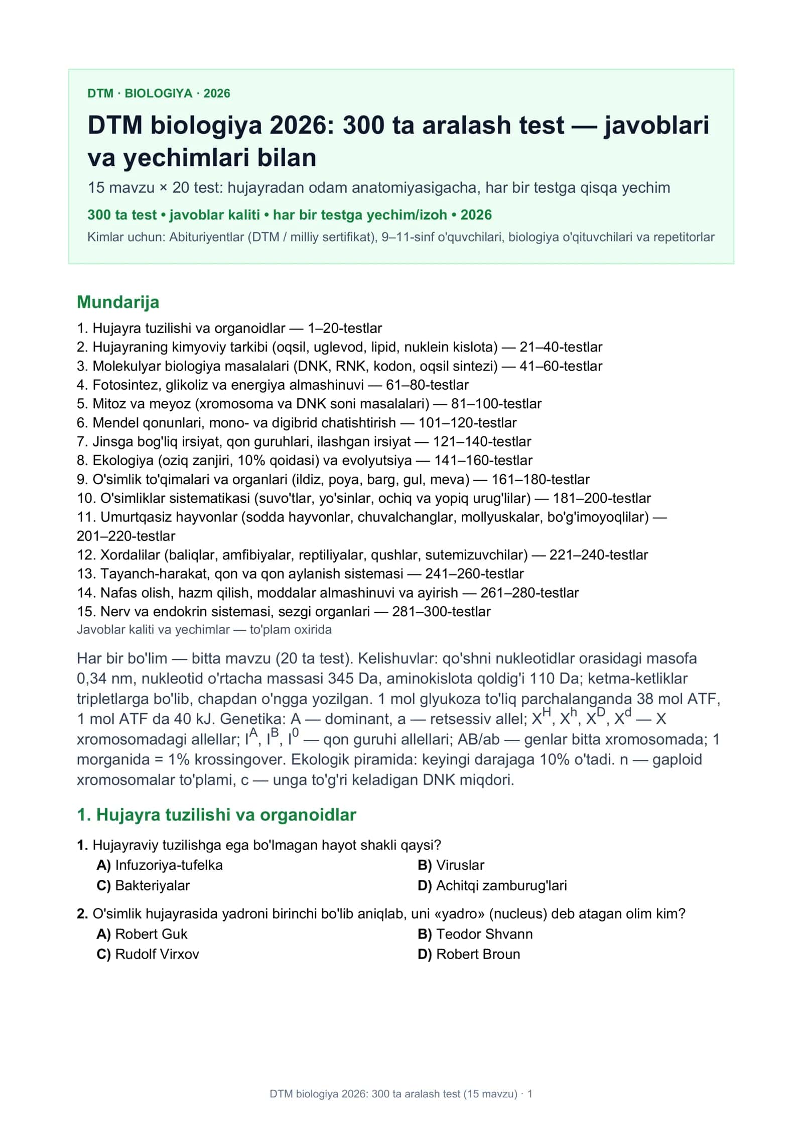 DTM biologiya 2026: 300 ta aralash test (15 mavzu) 1