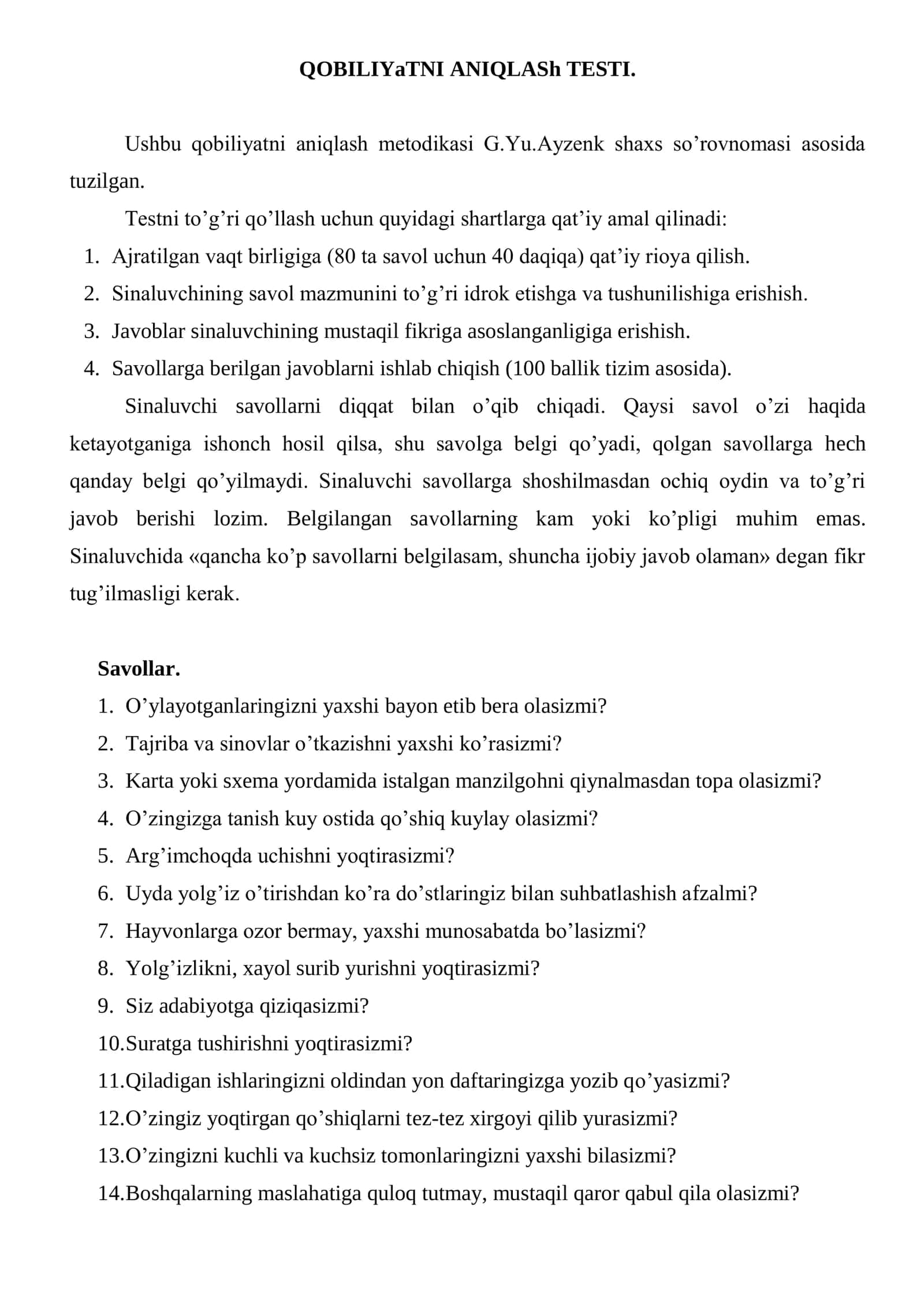 QOBILIYaTNI ANIQLASh TESTI 1