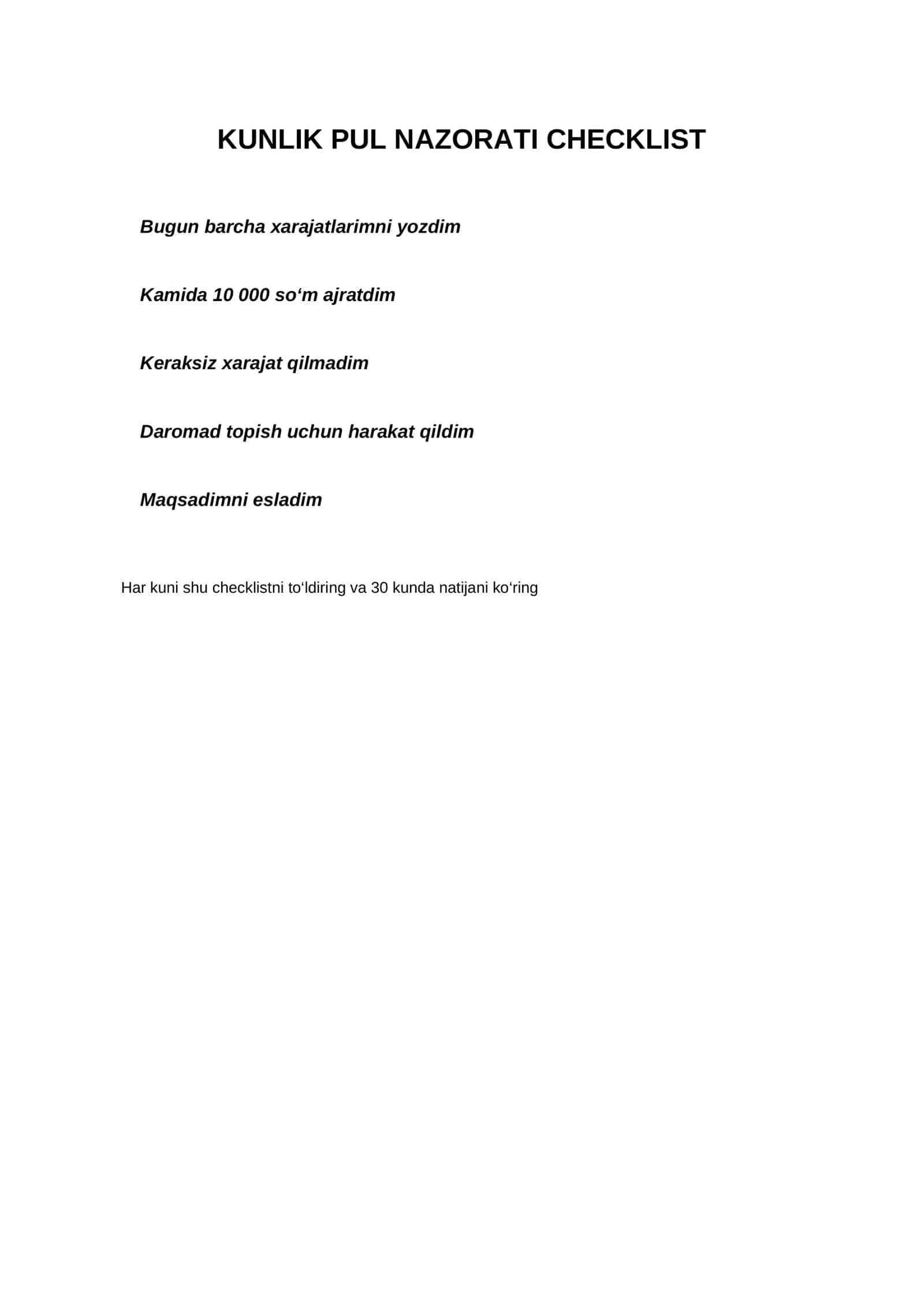 KUNLIK PUL NAZORATI CHECKLIST 1
