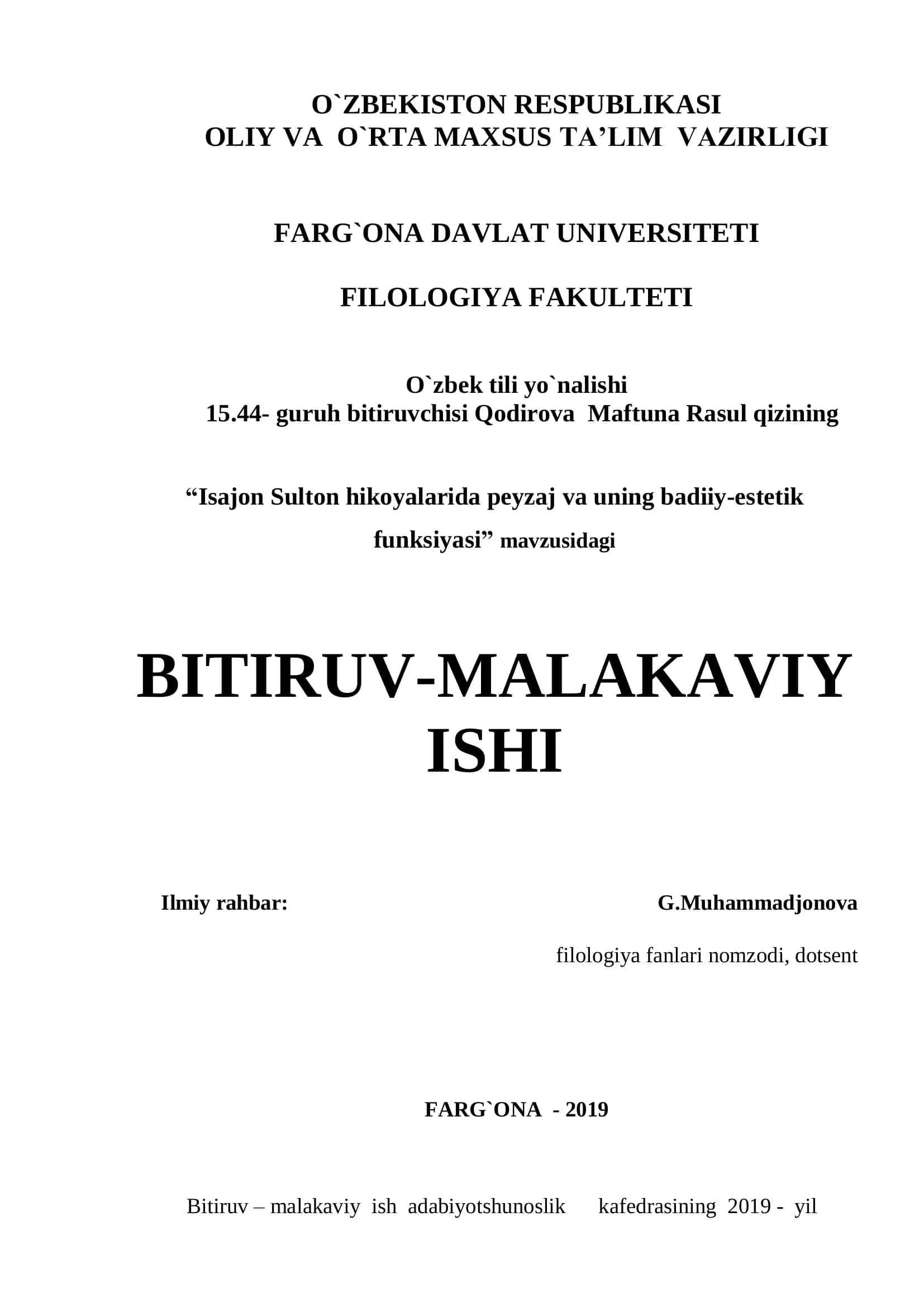 Bitiruv malakaviy ish: "Isajon Sulton hikoyalarida peyzaj va uning badiiy-estetik funksiyasi" 1